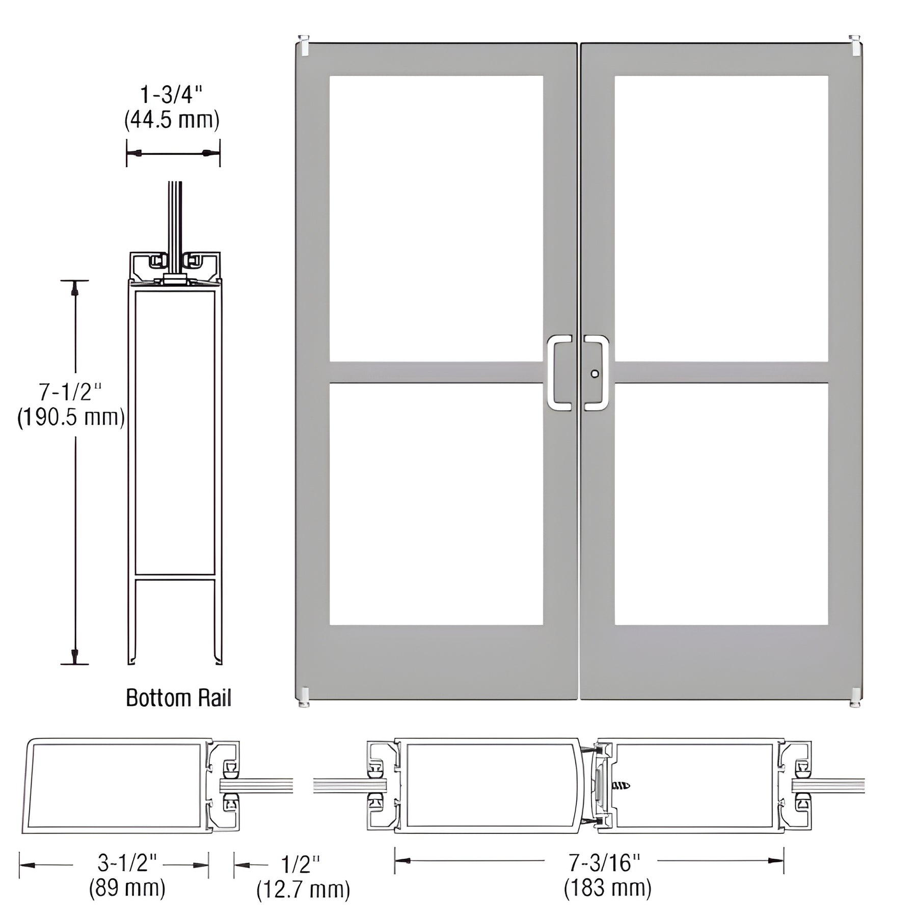 CRL-U.S. Aluminum Clear Anodized Custom Pair Series 400 Medium Stile Offset Pivot Entrance Doors With Panics for Surface Mount Door Closers