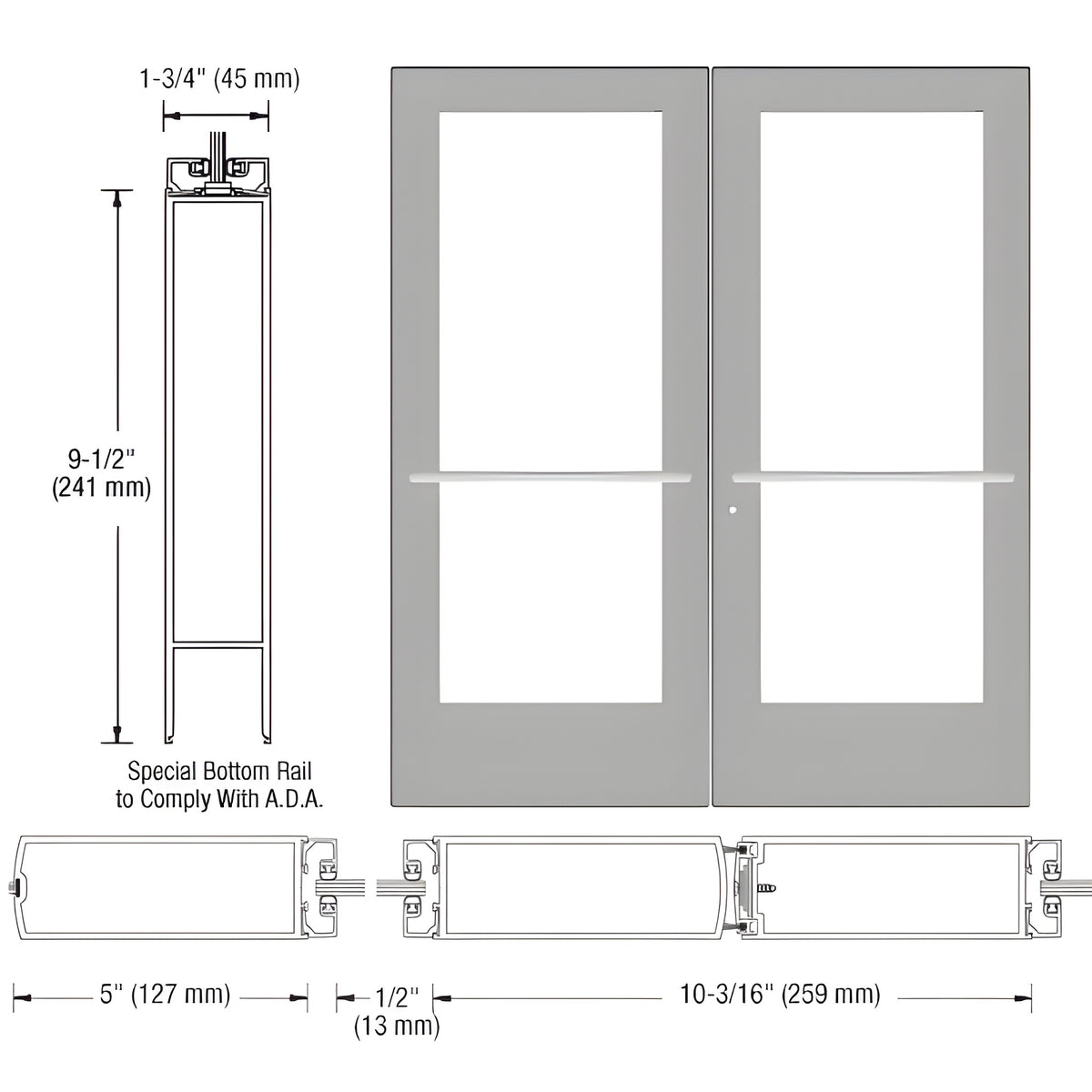 CRL-U.S. Aluminum Clear Anodized Custom Pair Series 550 Wide Stile Center Pivot Entrance Door for Overhead Concealed Door Closers