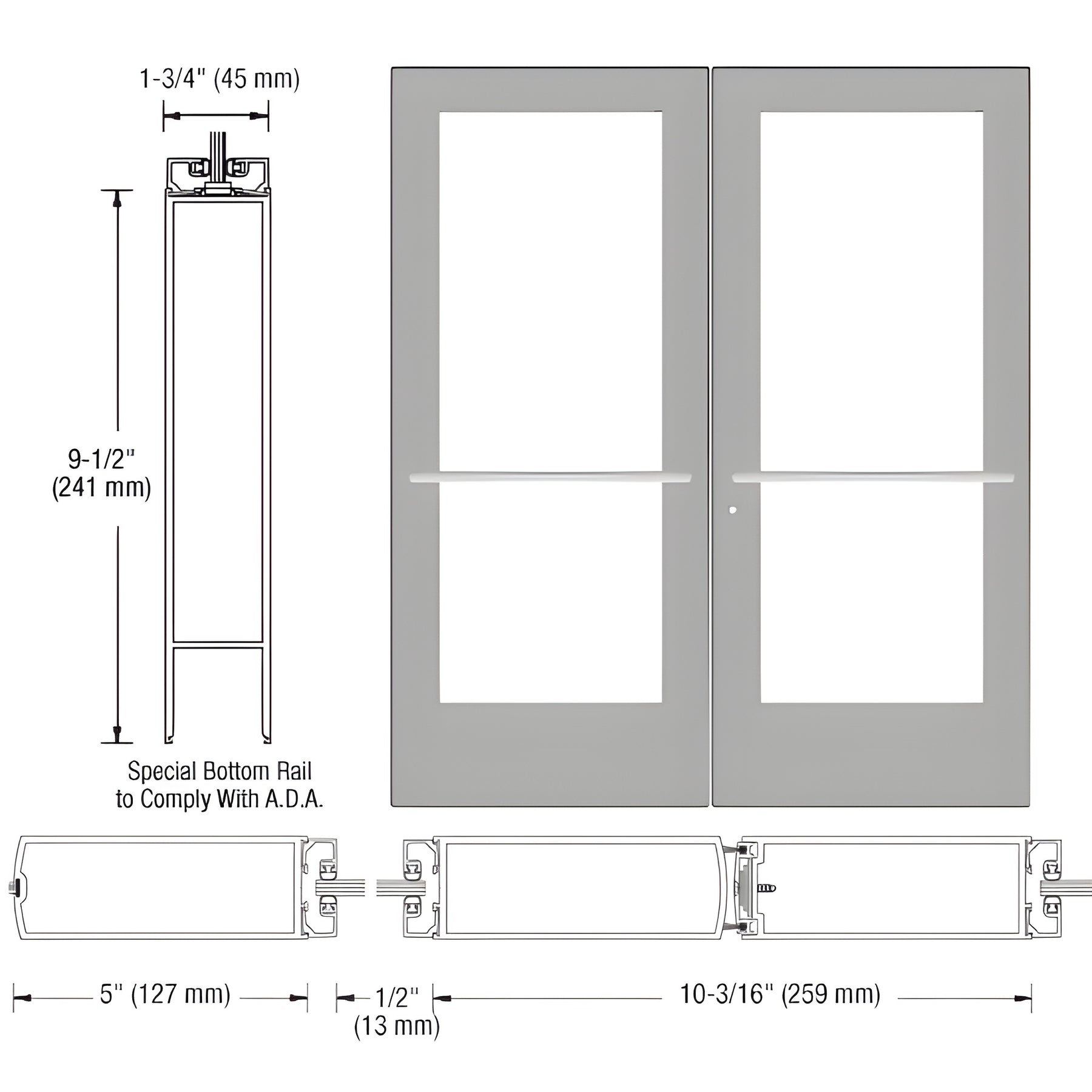 CRL-U.S. Aluminum Clear Anodized Custom Pair Series 550 Wide Stile Center Pivot Entrance Door for Overhead Concealed Door Closers