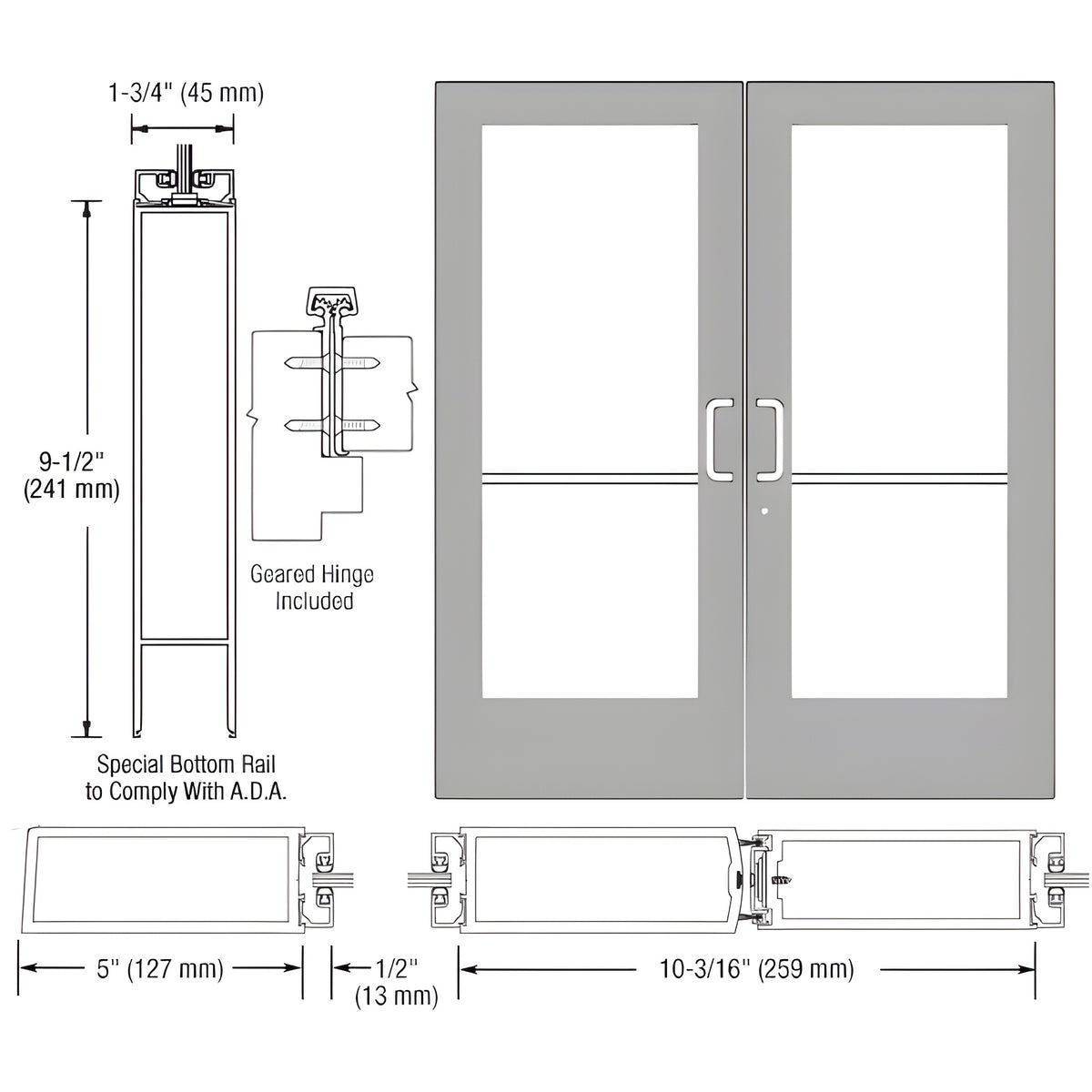 CRL-U.S. Aluminum Clear Anodized Custom Pair Series 550 Wide Stile Geared Hinge Entrance Door for Surface Mount Door Closers