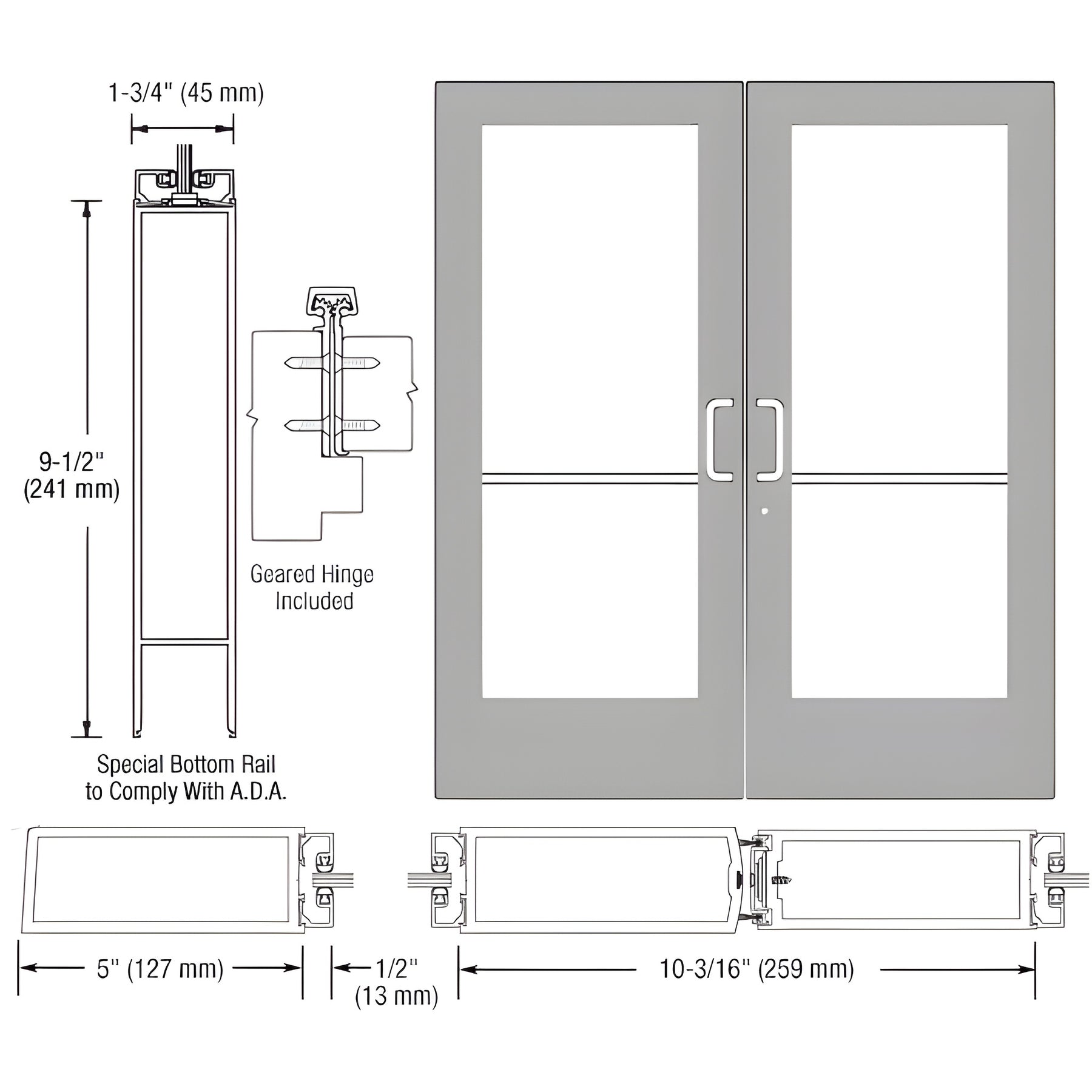 CRL-U.S. Aluminum Clear Anodized Custom Pair Series 550 Wide Stile Geared Hinge Entrance Door for Surface Mount Door Closers