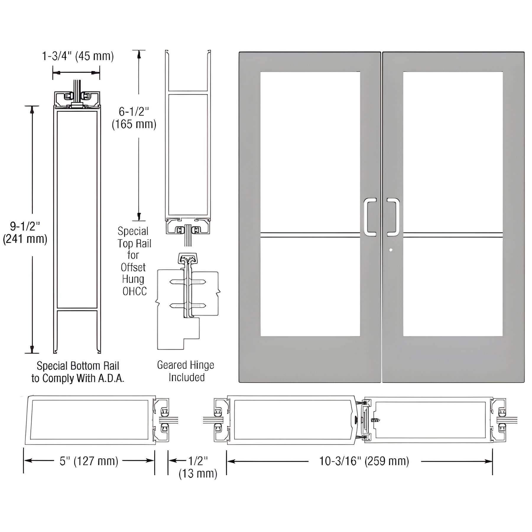 CRL-U.S. Aluminum Clear Anodized Custom Pair Series 550 Wide Stile Geared Hinge Entrance Doors for Overhead Concealed Door Closers