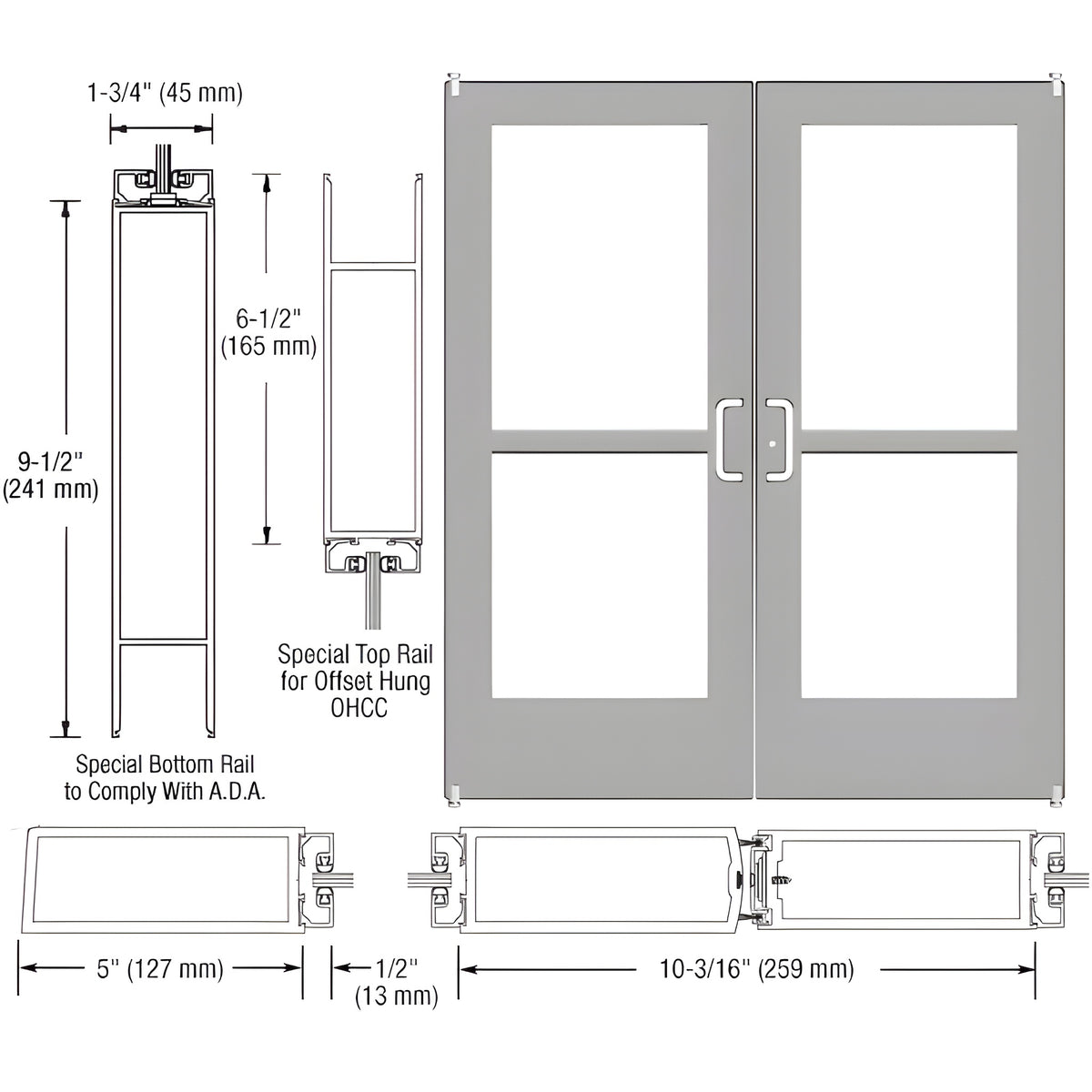 CRL-U.S. Aluminum Clear Anodized Custom Pair Series 550 Wide Stile Offset Pivot Entrance Door With Panics for Overhead Concealed Door Closers
