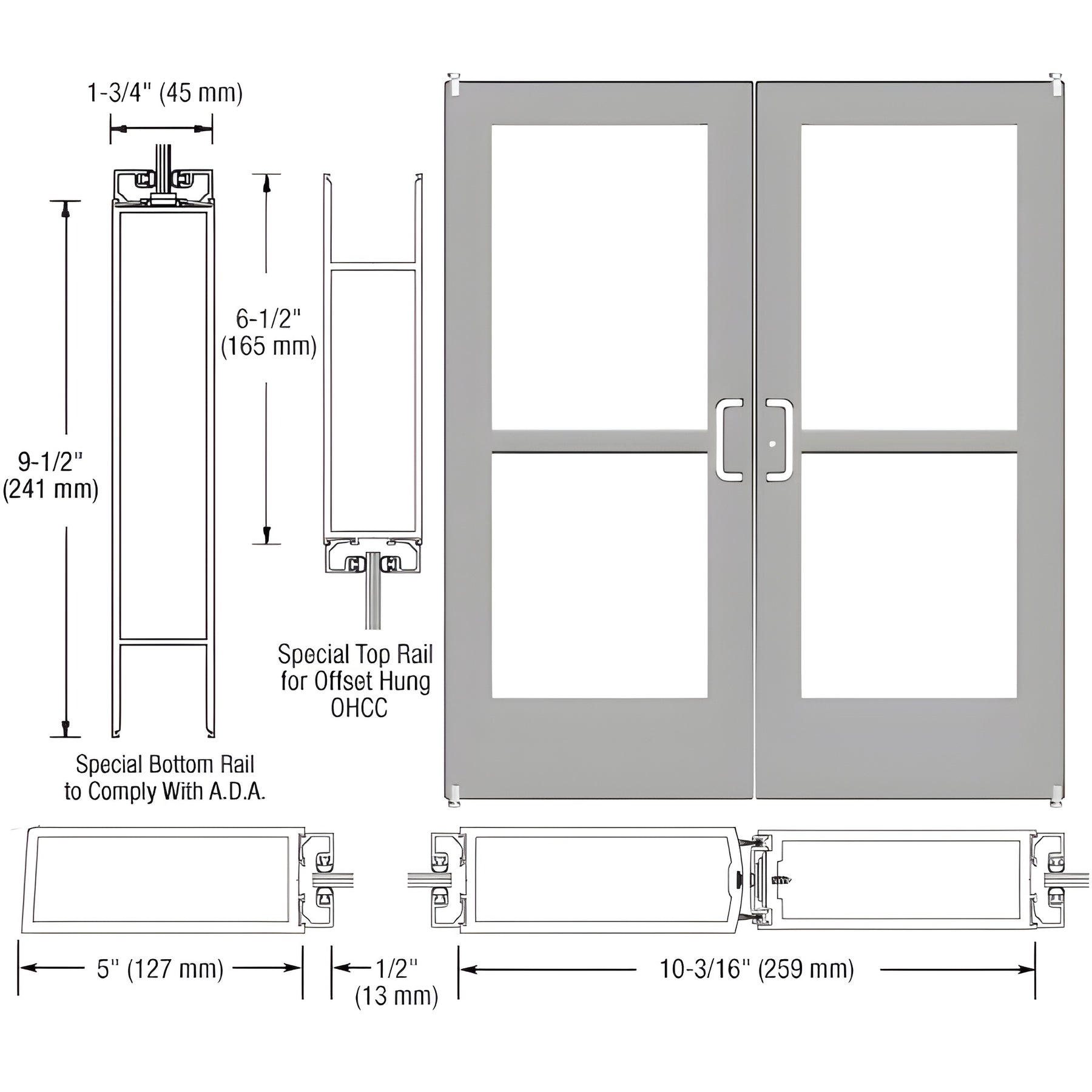 CRL-U.S. Aluminum Clear Anodized Custom Pair Series 550 Wide Stile Offset Pivot Entrance Door With Panics for Overhead Concealed Door Closers