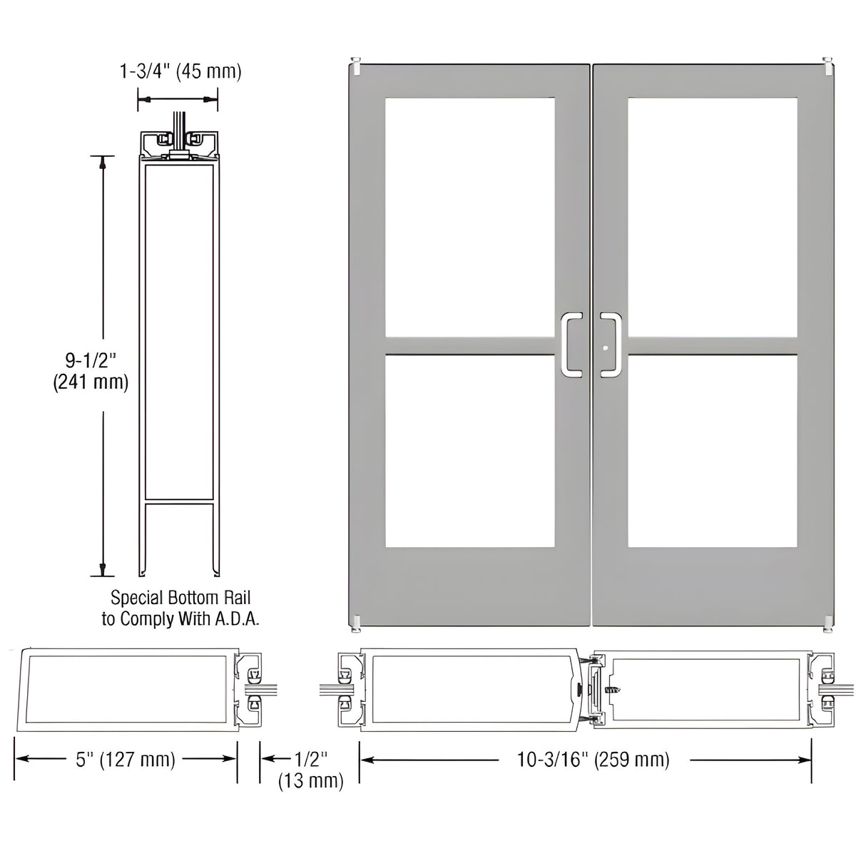 CRL-U.S. Aluminum Clear Anodized Custom Pair Series 550 Wide Stile Offset Pivot Entrance Door With Panics for Surface Mount Door Closers