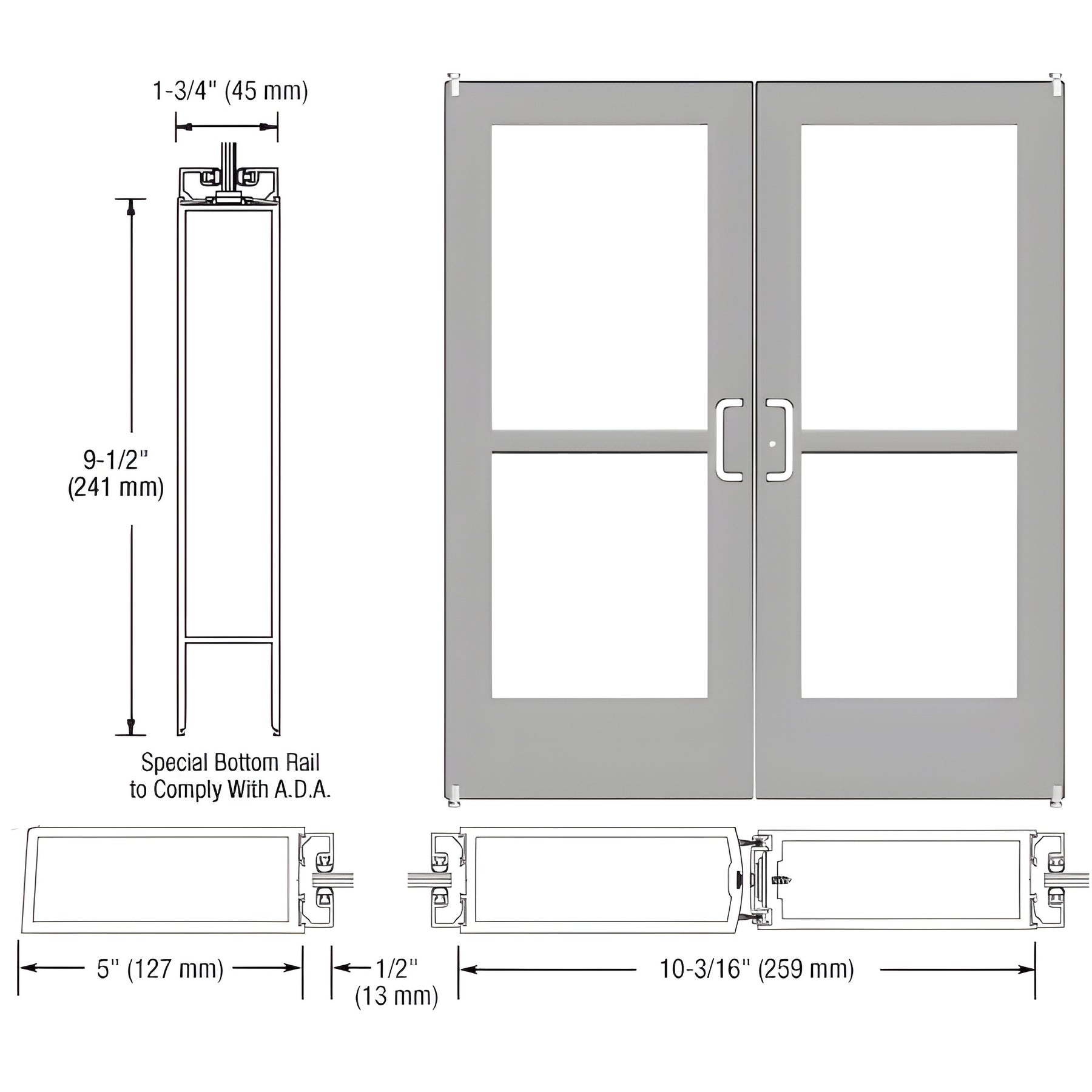 CRL-U.S. Aluminum Clear Anodized Custom Pair Series 550 Wide Stile Offset Pivot Entrance Door With Panics for Surface Mount Door Closers