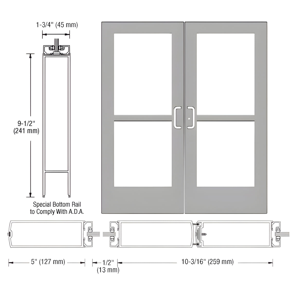 CRL-U.S. Aluminum Clear Anodized Custom Pair Series 550 Wide Stile Center Pivot Entrance Doors With Panics for Overhead Concealed Door Closers