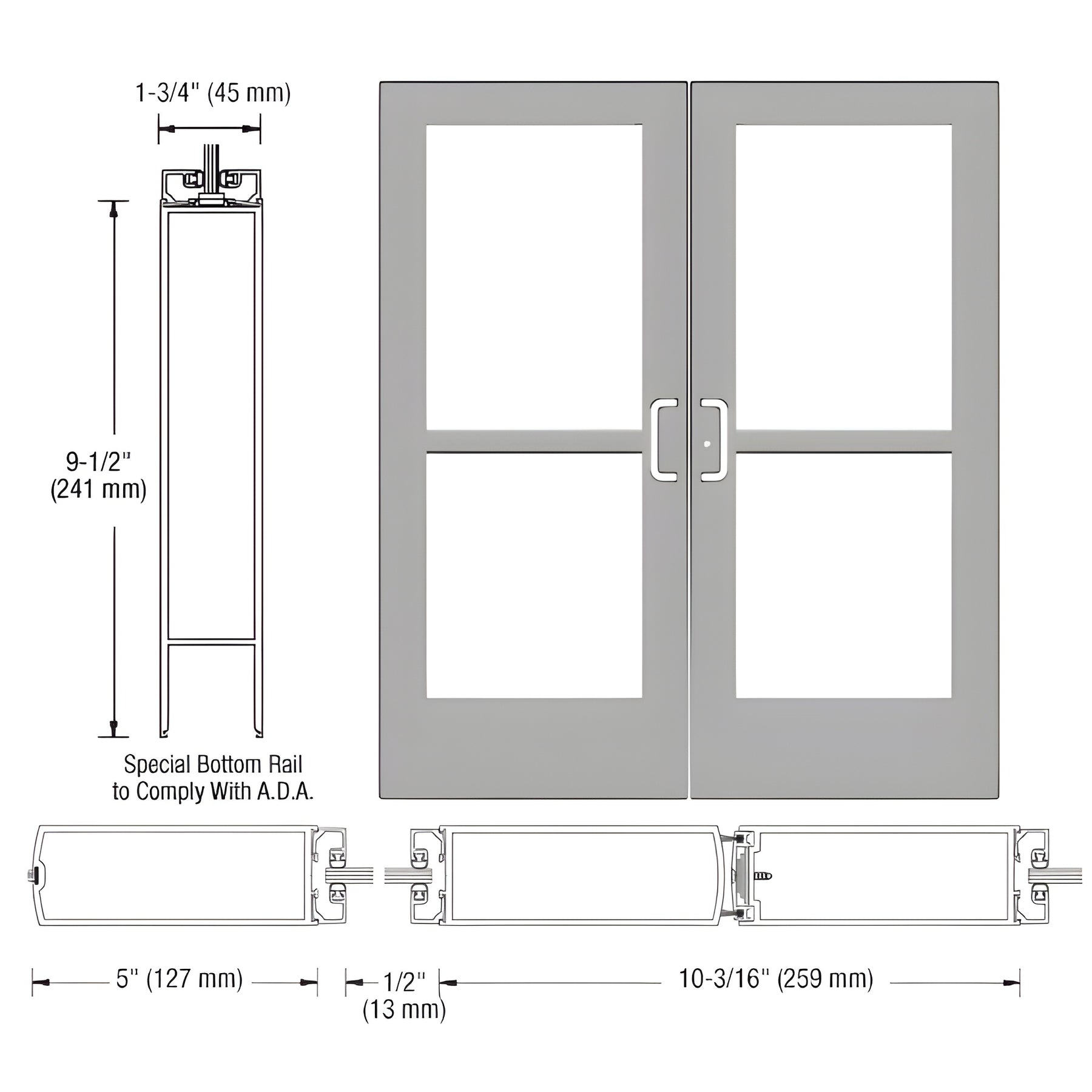 CRL-U.S. Aluminum Clear Anodized Custom Pair Series 550 Wide Stile Center Pivot Entrance Doors With Panics for Overhead Concealed Door Closers