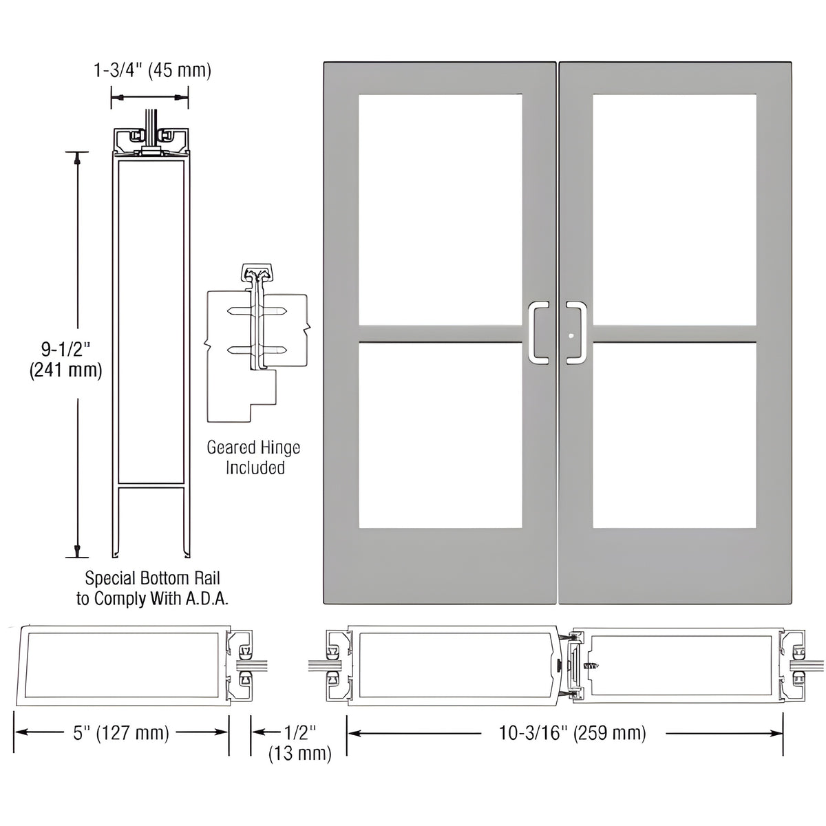 CRL-U.S. Aluminum Clear Anodized Custom Pair Series 550 Wide Stile Geared Hinge Entrance Doors With Panics for Surface Mount Door Closers