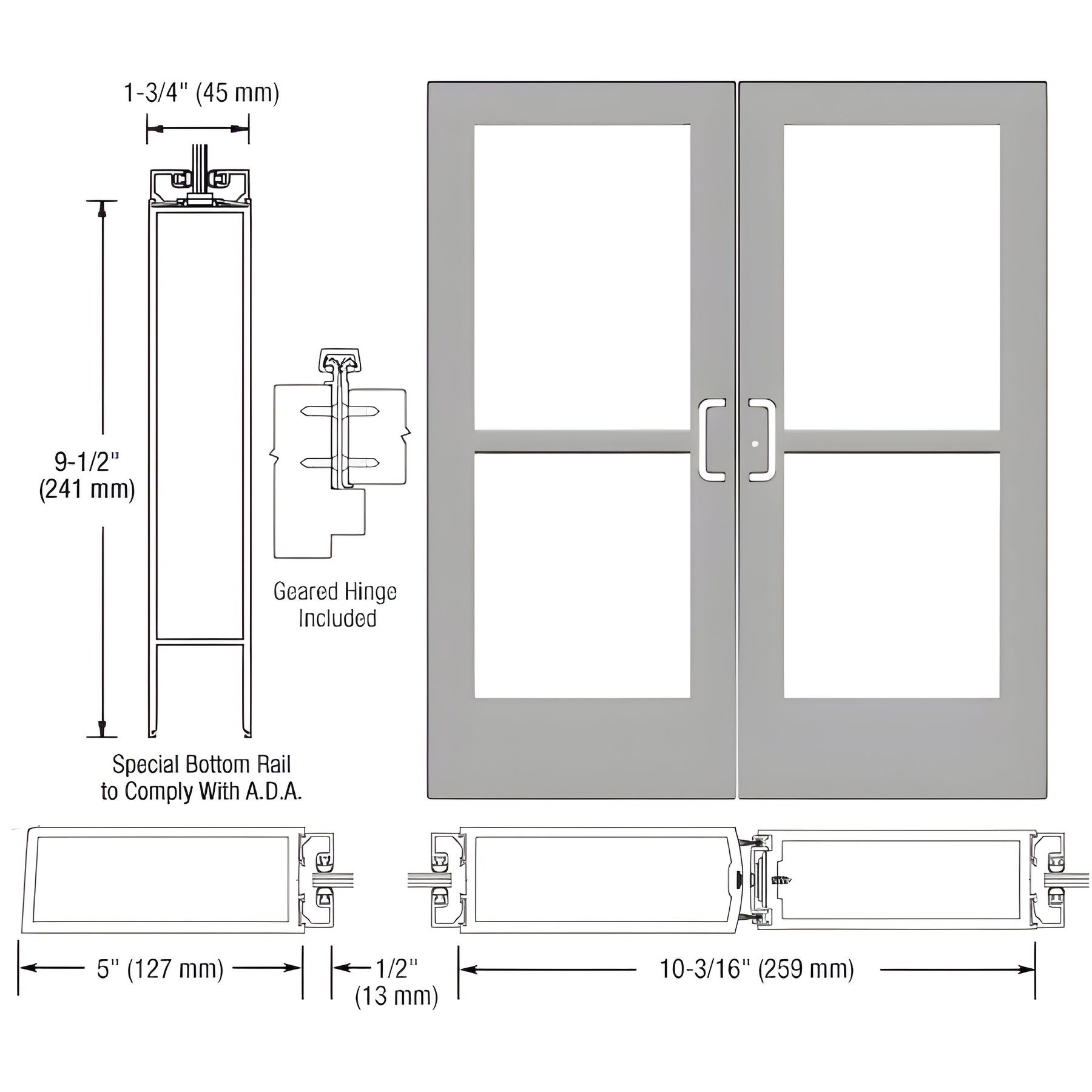 CRL-U.S. Aluminum Clear Anodized Custom Pair Series 550 Wide Stile Geared Hinge Entrance Doors With Panics for Surface Mount Door Closers