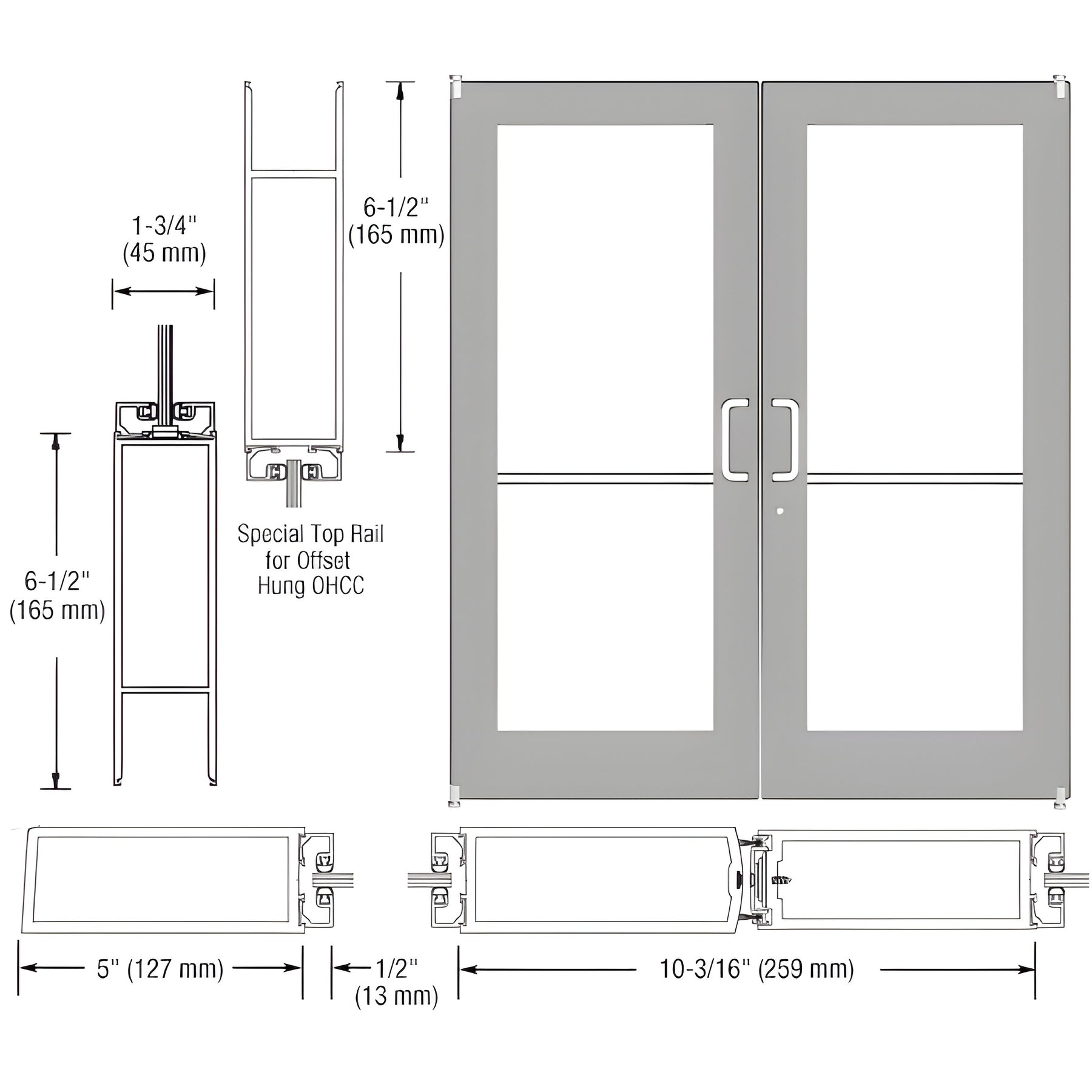 CRL-U.S. Aluminum Clear Anodized Custom Pair Series 550 Wide Stile Offset Pivot Entrance Door for Overhead Concealed Door Closers