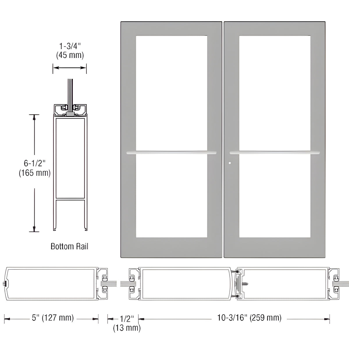 CRL-U.S. Aluminum Clear Anodized Custom Pair Series 550 Wide Stile Center Pivot Entrance Door for Overhead Concealed Door Closers