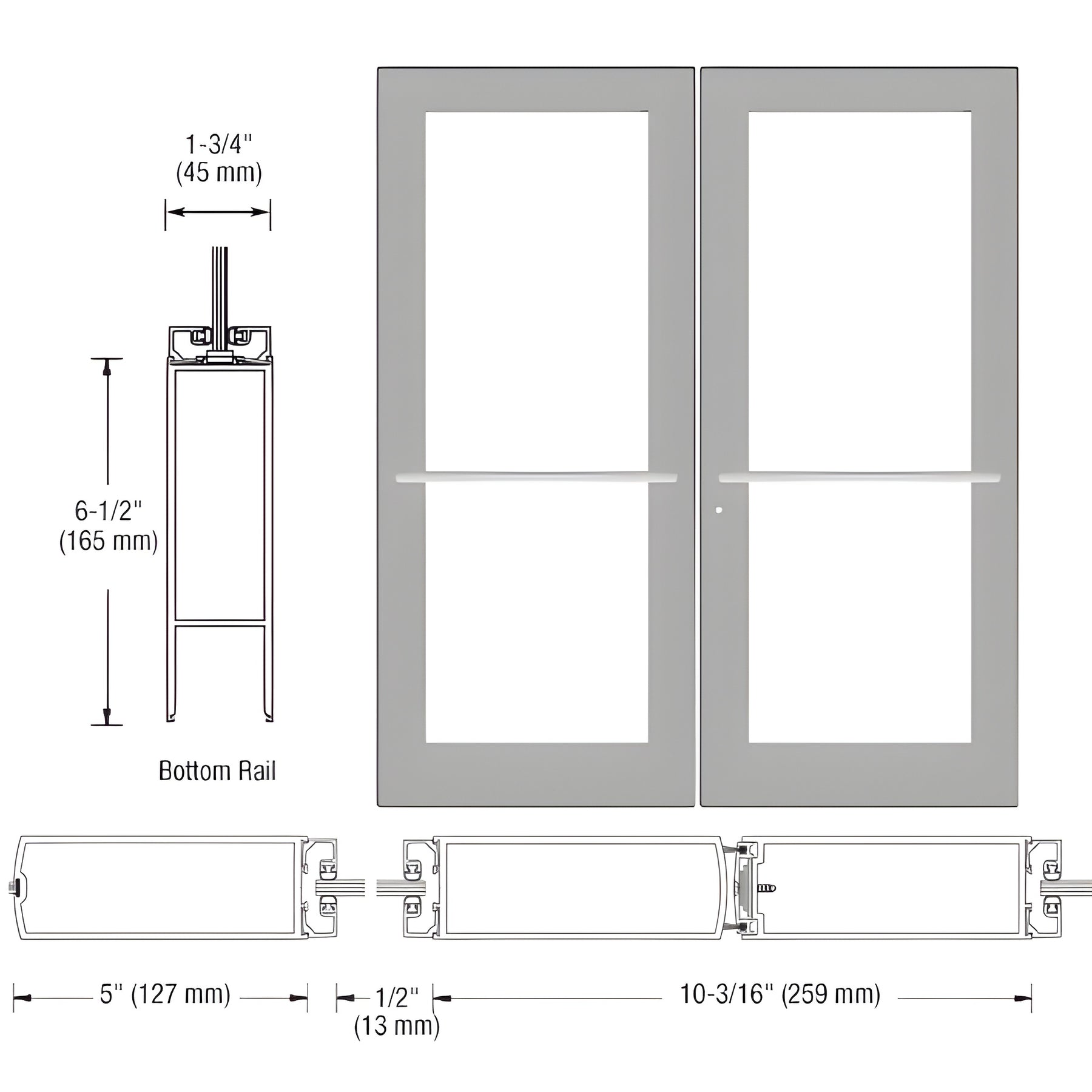 CRL-U.S. Aluminum Clear Anodized Custom Pair Series 550 Wide Stile Center Pivot Entrance Door for Overhead Concealed Door Closers
