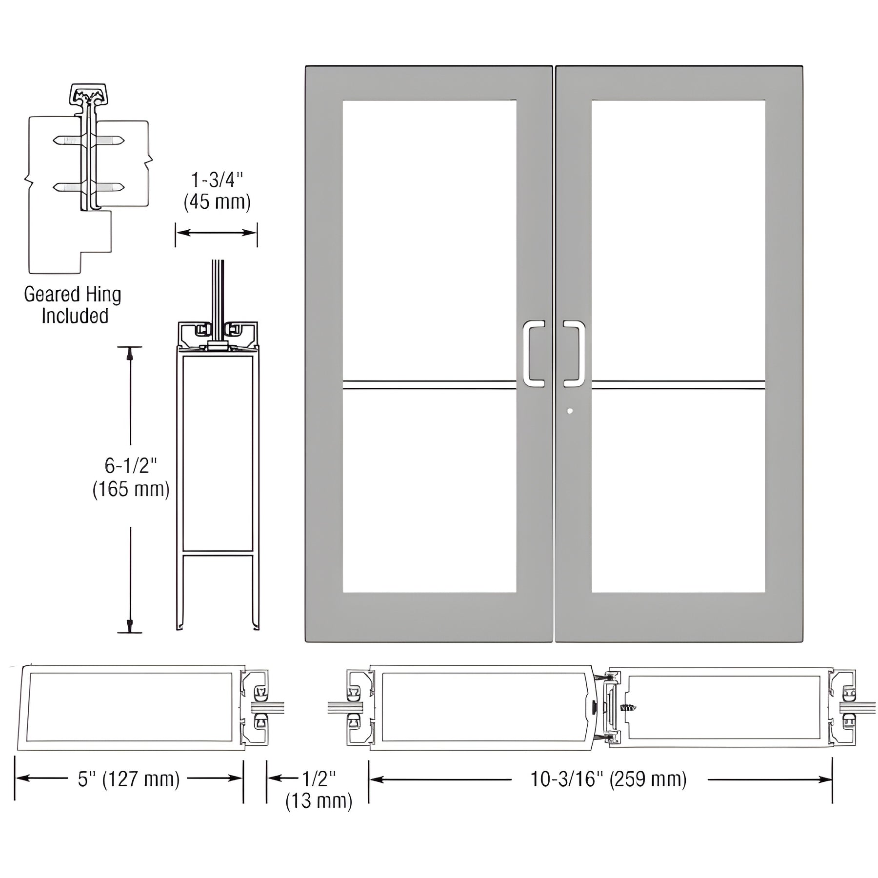 CRL-U.S. Aluminum Clear Anodized Custom Pair Series 550 Wide Stile Geared Hinge Entrance Doors for Surface Mount Door Closers