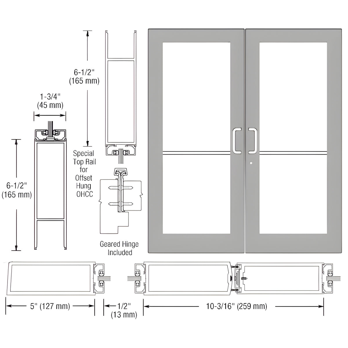 CRL-U.S. Aluminum Clear Anodized Custom Pair Series 550 Wide Stile Geared Hinge Entrance Doors for Overhead Concealed Door Closers