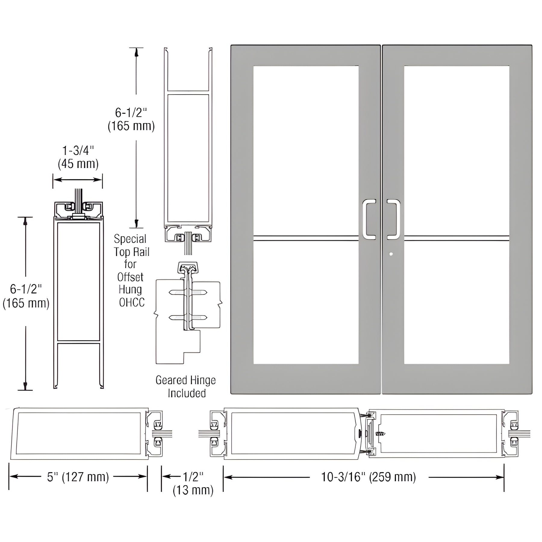 CRL-U.S. Aluminum Clear Anodized Custom Pair Series 550 Wide Stile Geared Hinge Entrance Doors for Overhead Concealed Door Closers