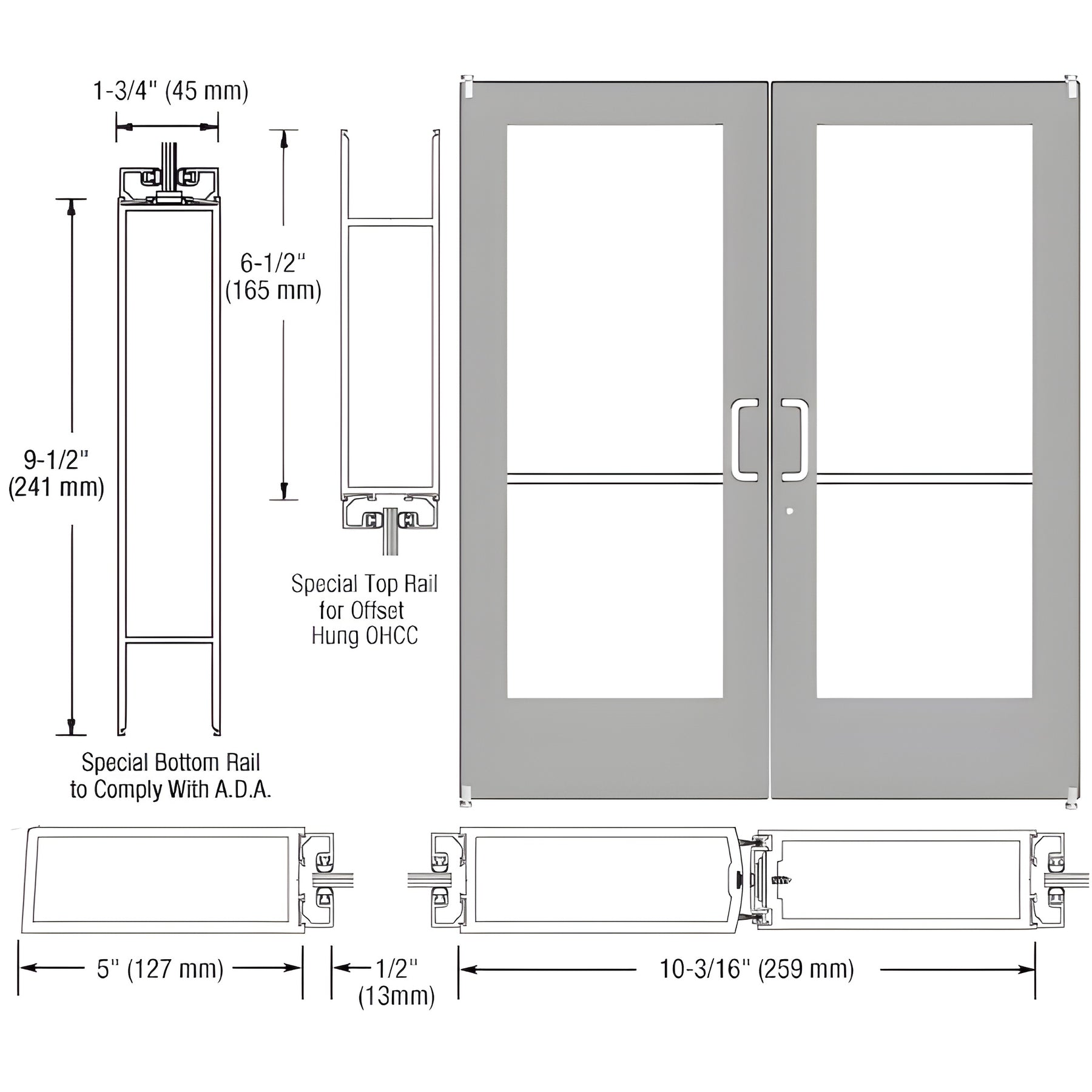 CRL-U.S. Aluminum Clear Anodized Custom Pair Series 550 Wide Stile Offset Pivot Entrance Doors for Overhead Concealed Door Closers