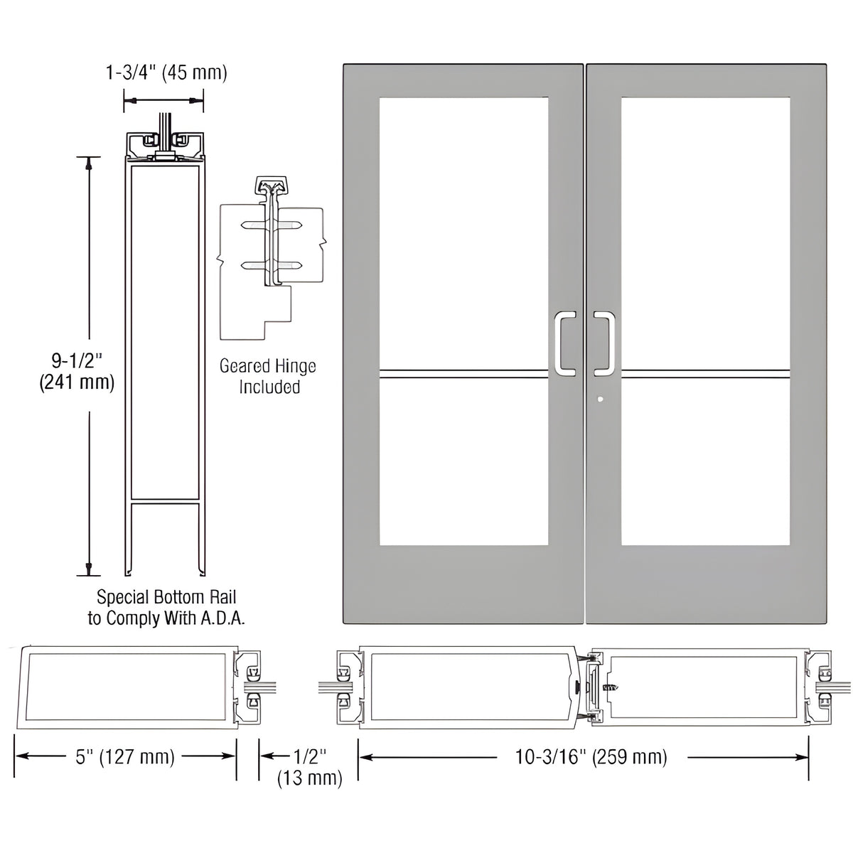 CRL-U.S. Aluminum Clear Anodized Custom Pair Series 550 Wide Stile Geared Hinge Entrance Doors for Surface Mount Door Closers