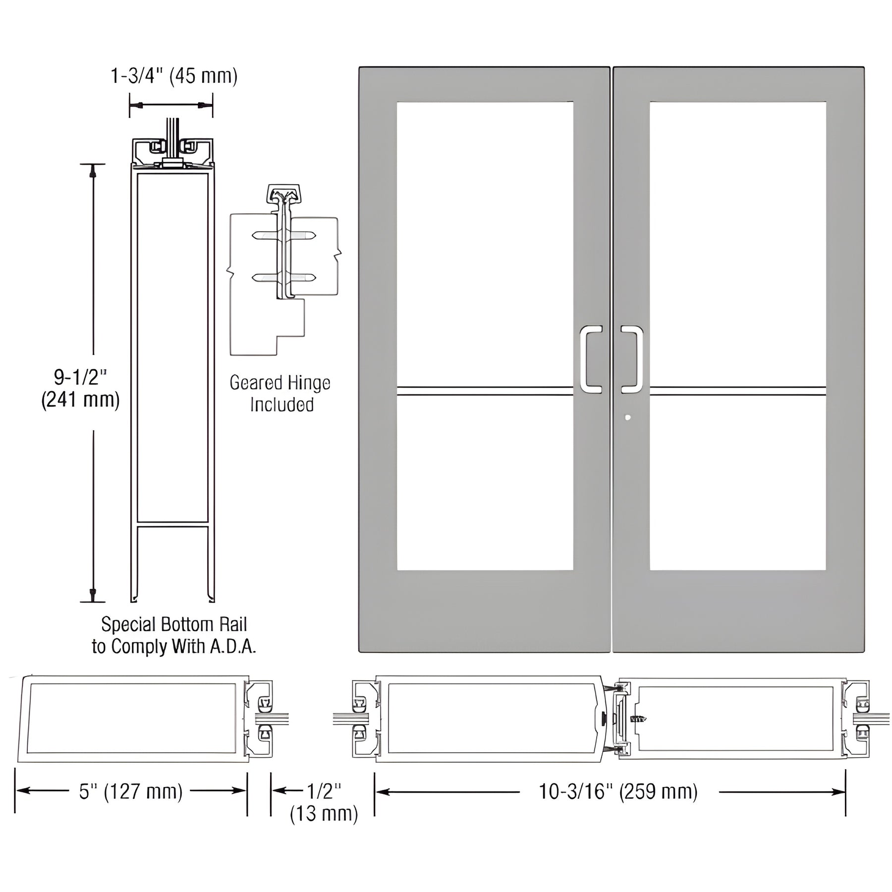 CRL-U.S. Aluminum Clear Anodized Custom Pair Series 550 Wide Stile Geared Hinge Entrance Doors for Surface Mount Door Closers