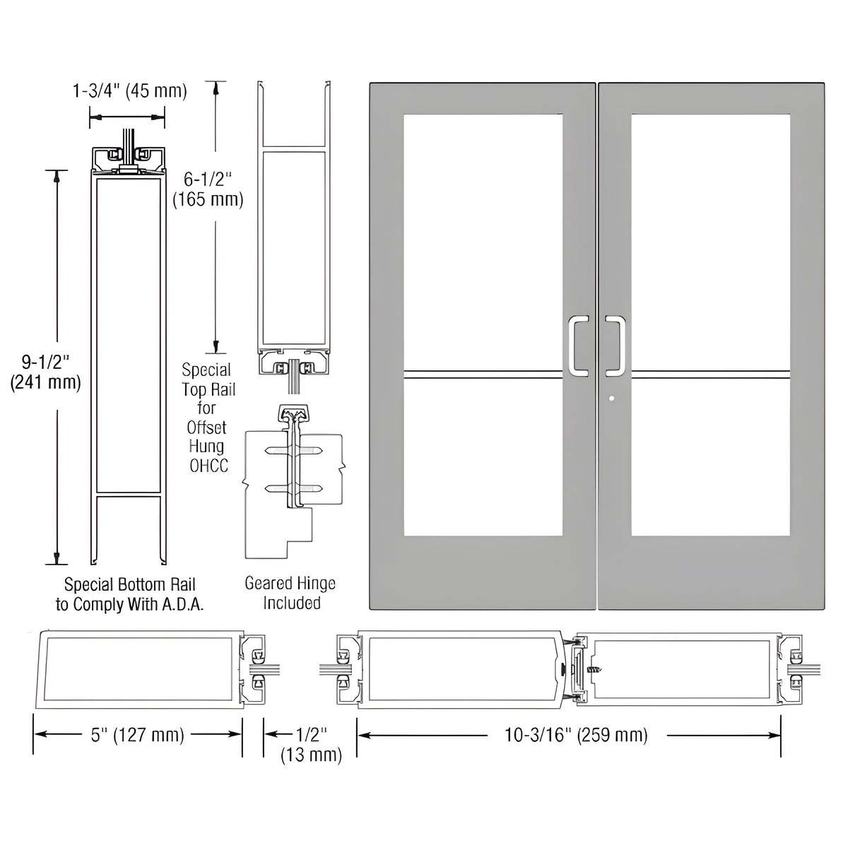 CRL-U.S. Aluminum Clear Anodized Custom Pair Series 550 Wide Stile Geared Hinge Entrance Doors for Overhead Concealed Door Closers
