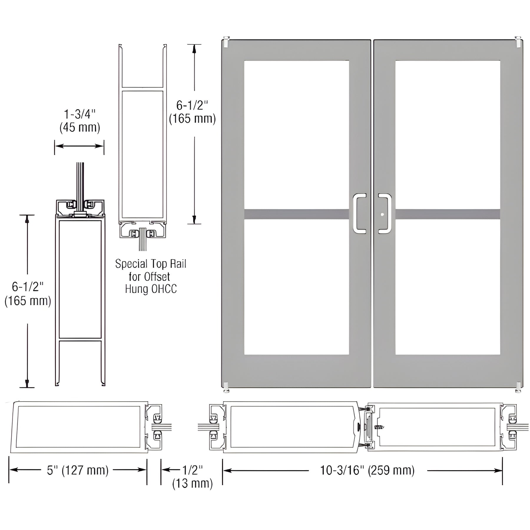 CRL-U.S. Aluminum Clear Anodized Custom Pair Series 550 Wide Stile Offset Pivot Entrance Doors For Panics and Overhead Concealed Door Closers