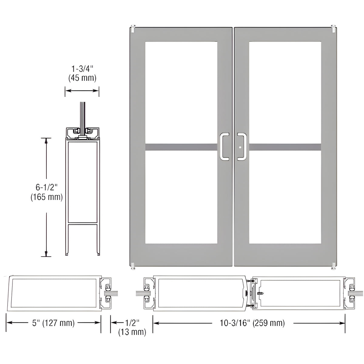 CRL-U.S. Aluminum Clear Anodized Custom Pair Series 550 Wide Stile Offset Pivot Entrance Doors For Panics and Surface Mount Door Closers