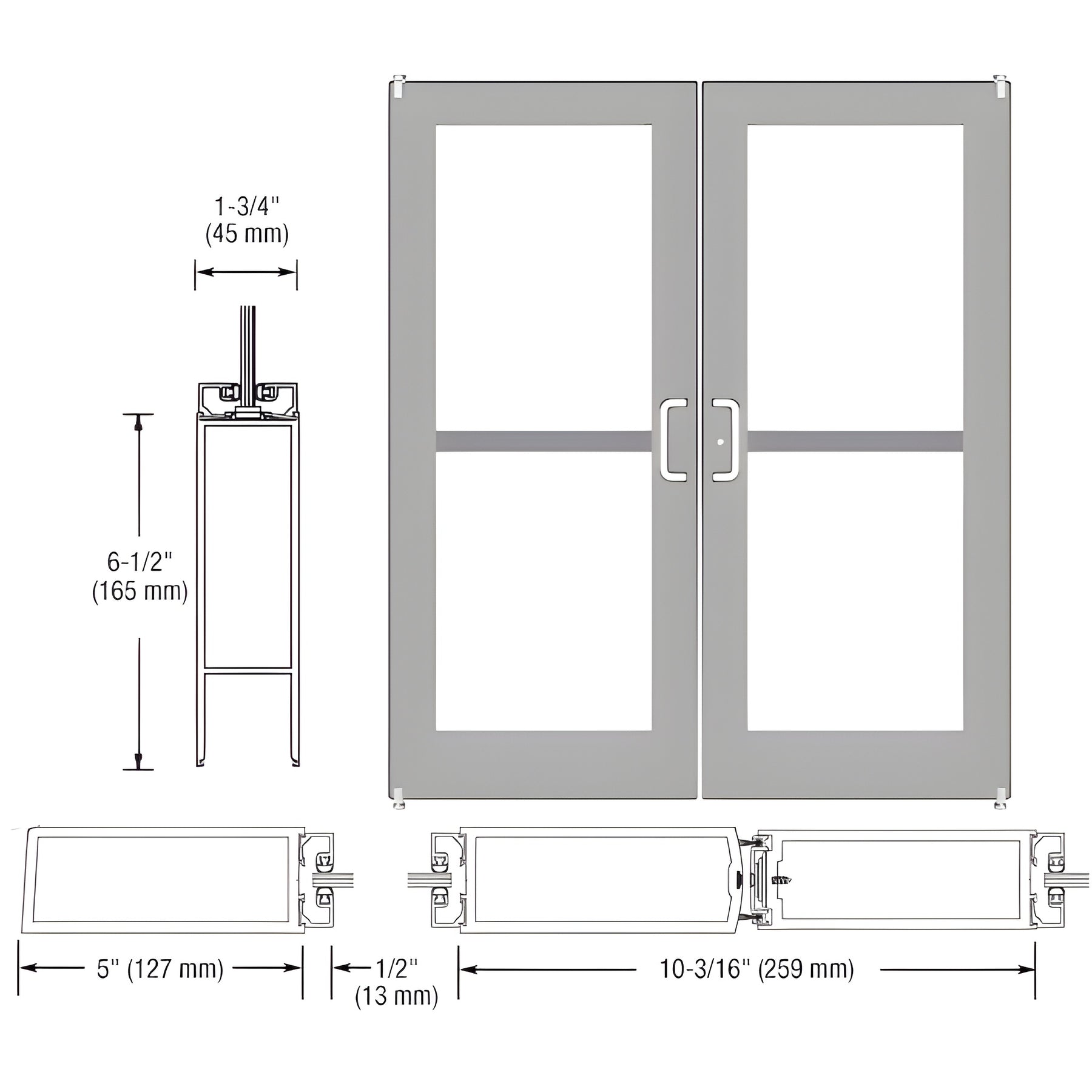 CRL-U.S. Aluminum Clear Anodized Custom Pair Series 550 Wide Stile Offset Pivot Entrance Doors For Panics and Surface Mount Door Closers