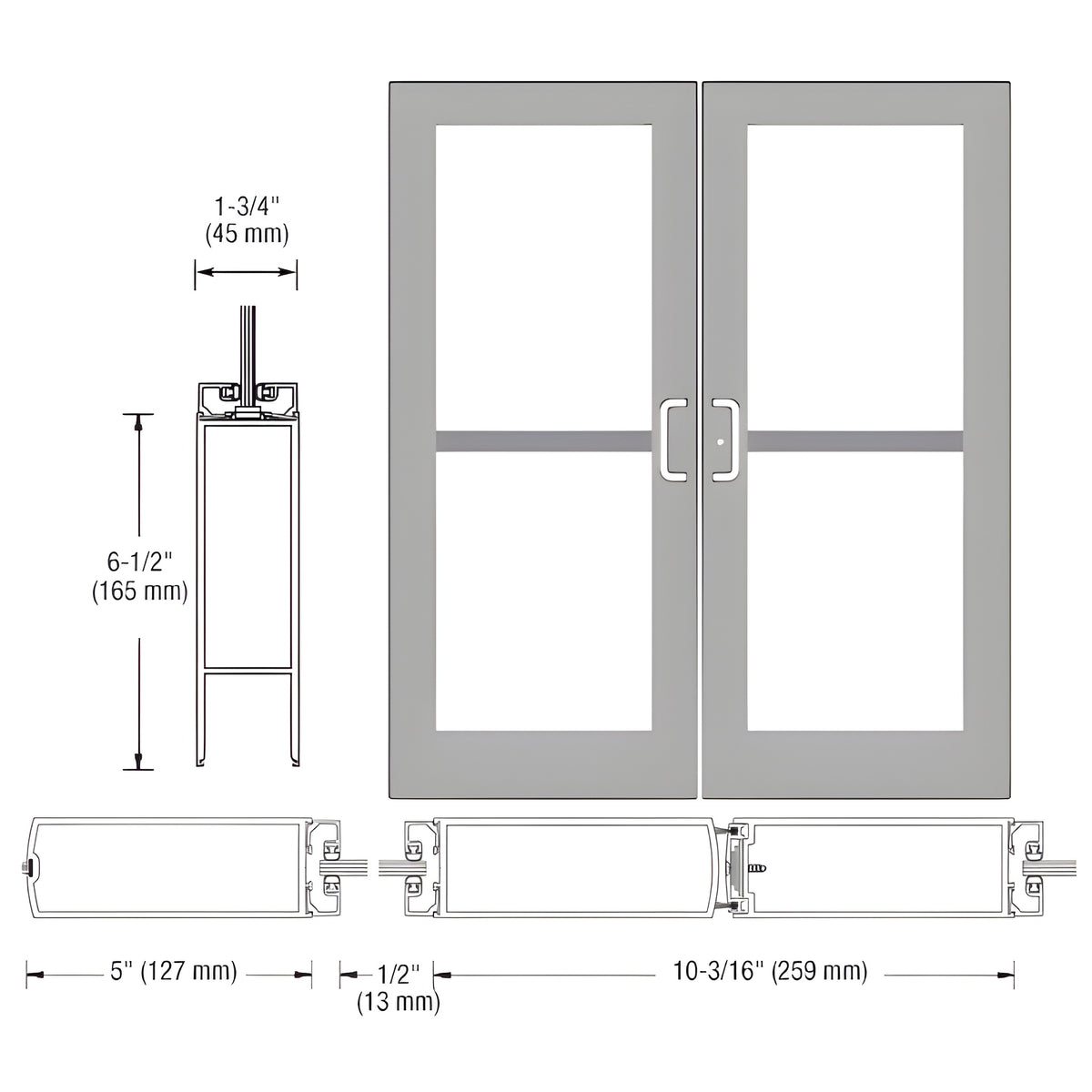 CRL-U.S. Aluminum Clear Anodized Custom Pair Series 550 Wide Stile Center Pivot Entrance Doors With Panics for Overhead Concealed Door Closers