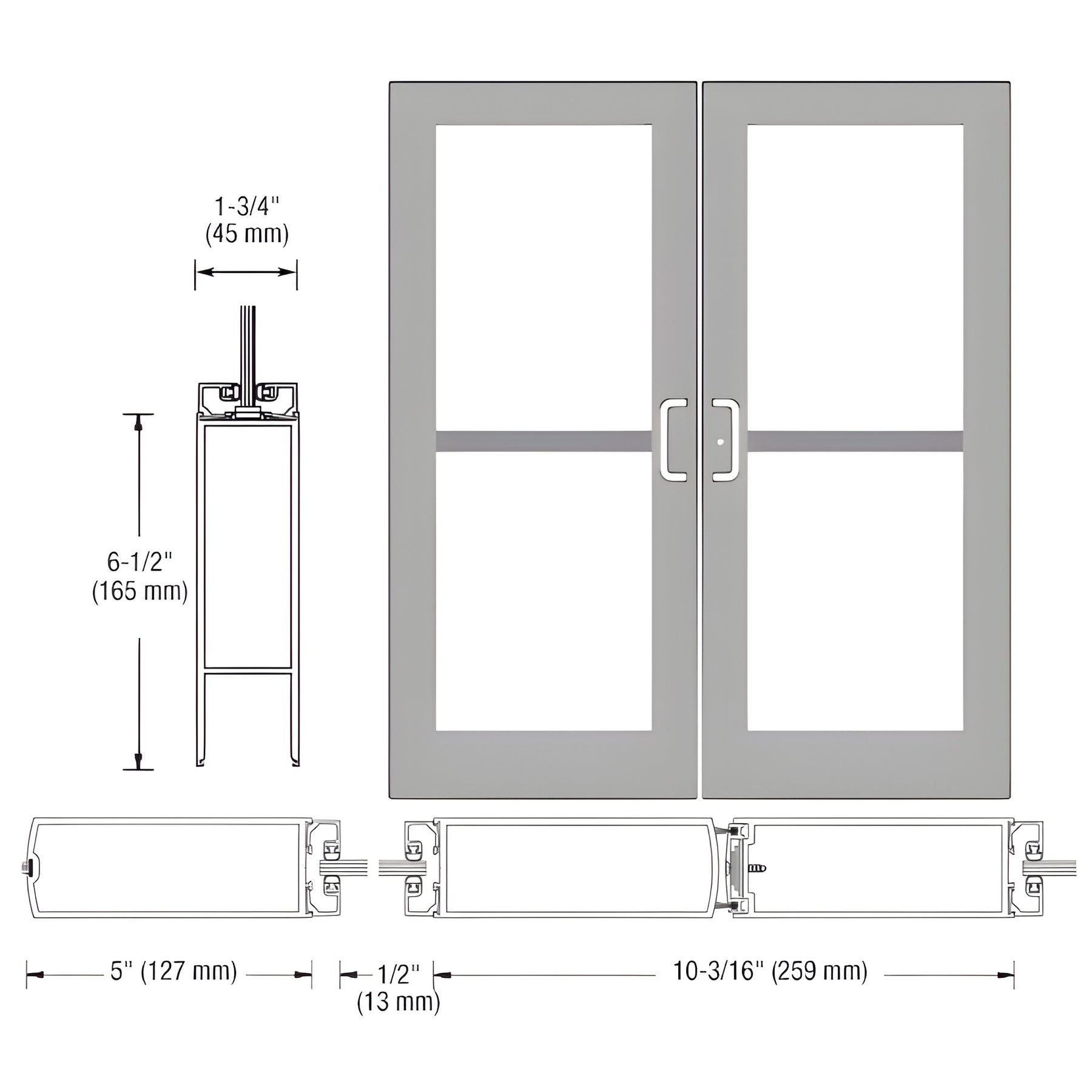 CRL-U.S. Aluminum Clear Anodized Custom Pair Series 550 Wide Stile Center Pivot Entrance Doors With Panics for Overhead Concealed Door Closers