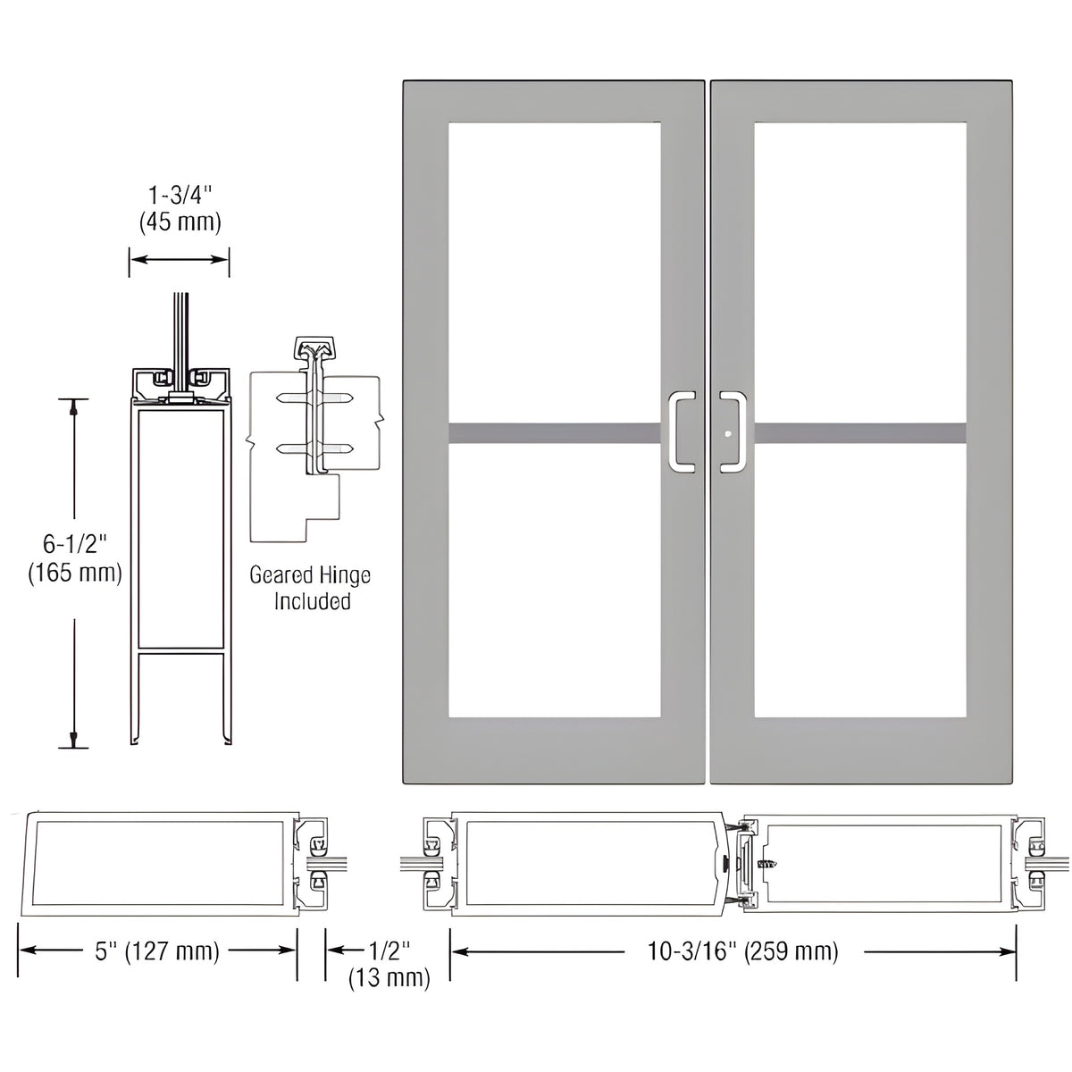 CRL-U.S. Aluminum Clear Anodized Custom Pair Series 550 Wide Stile Geared Hinge Entrance Doors For Panics and Surface Mount Door Closers