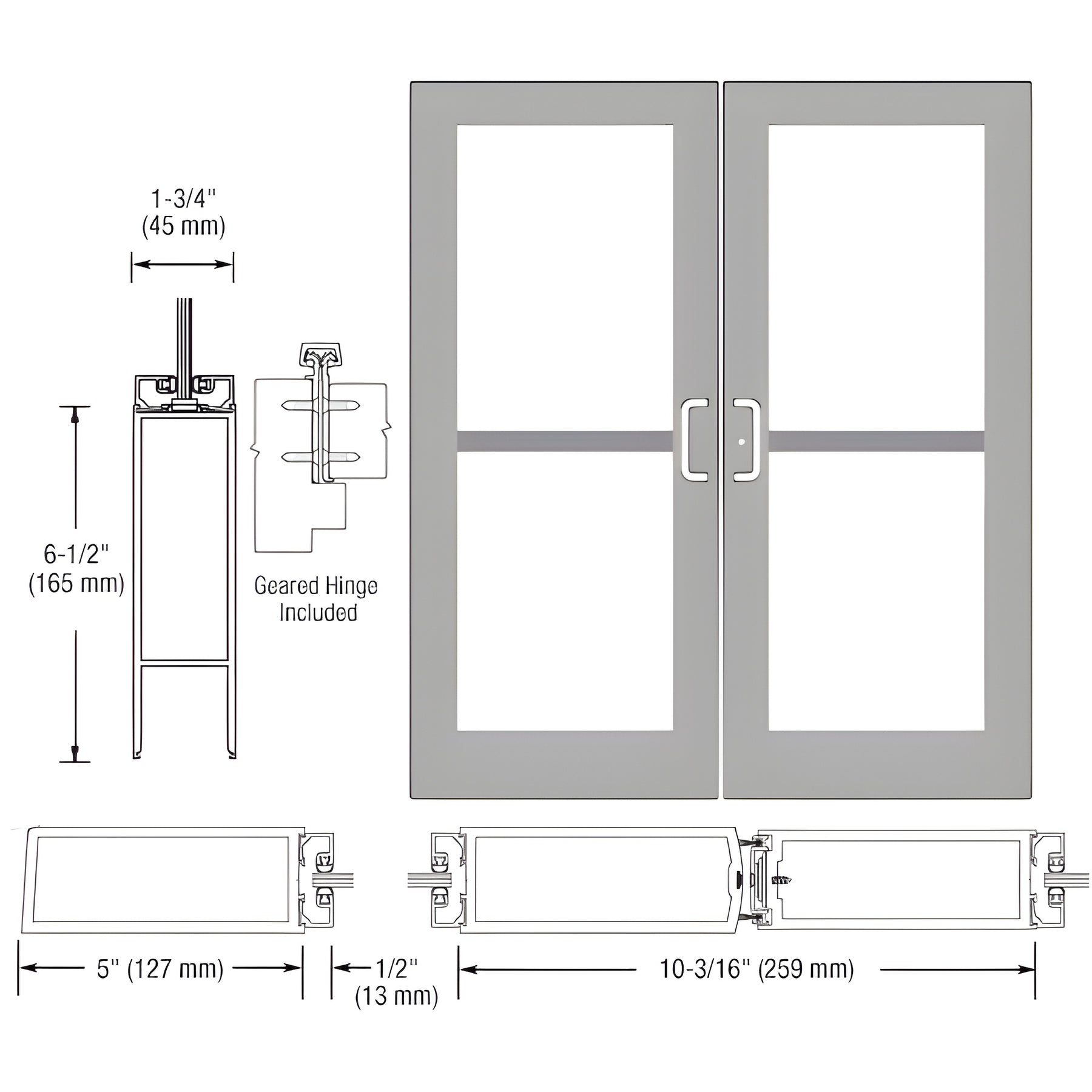 CRL-U.S. Aluminum Clear Anodized Custom Pair Series 550 Wide Stile Geared Hinge Entrance Doors For Panics and Surface Mount Door Closers