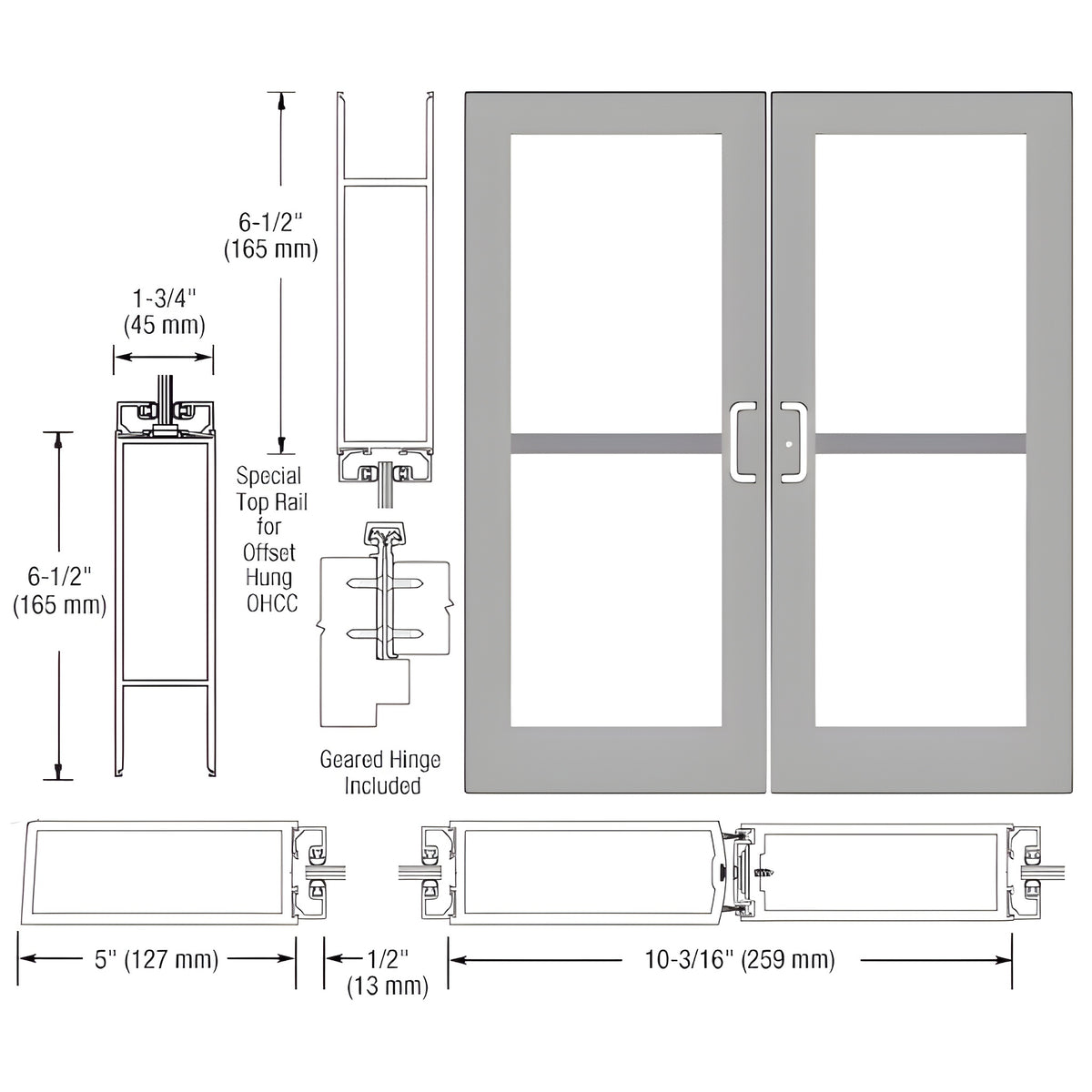 CRL-U.S. Aluminum Clear Anodized Custom Pair Series 550 Wide Stile Geared Hinge Entrance Doors for Panics and Overhead Concealed Door Closers