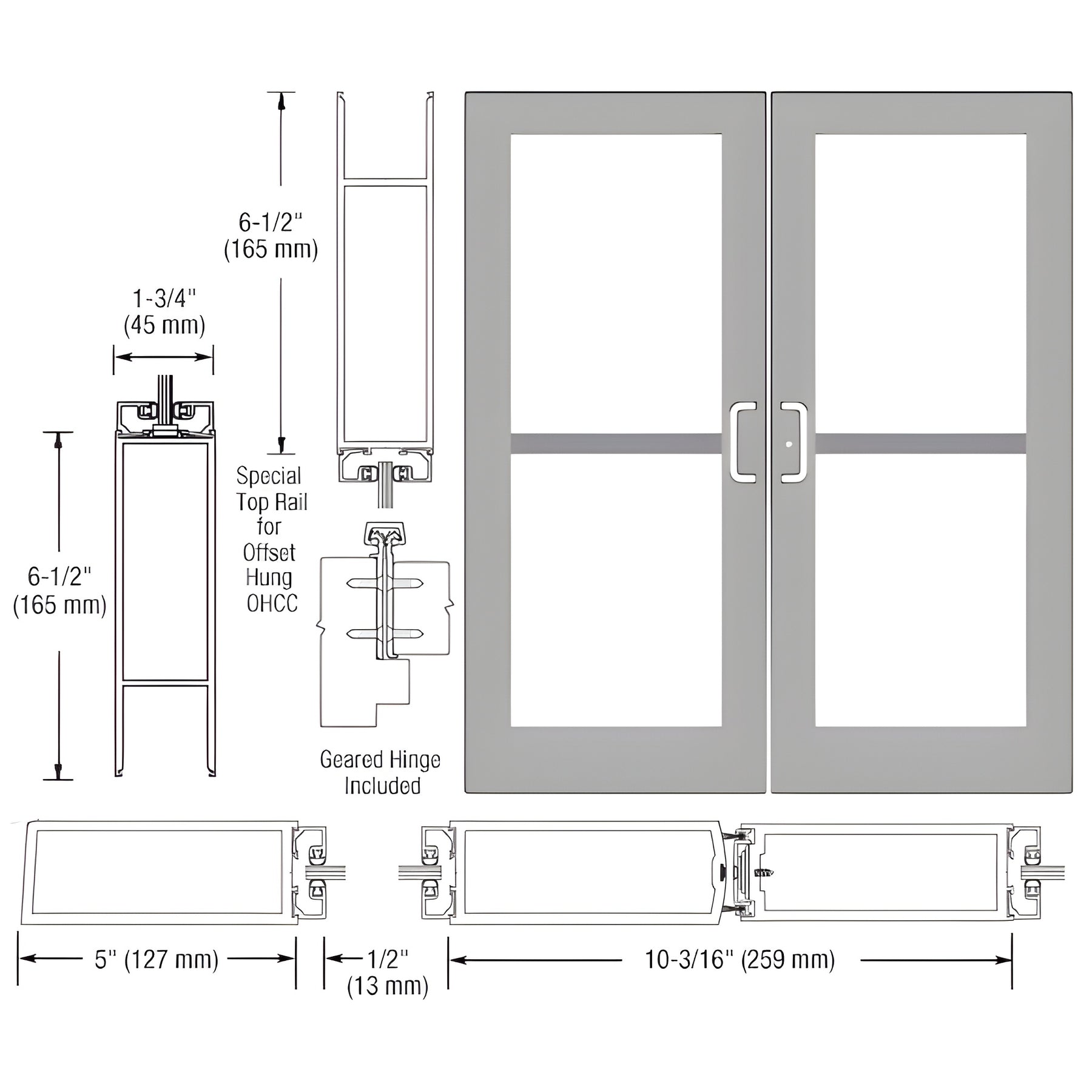 CRL-U.S. Aluminum Clear Anodized Custom Pair Series 550 Wide Stile Geared Hinge Entrance Doors for Panics and Overhead Concealed Door Closers