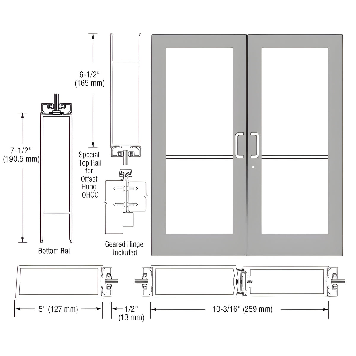 CRL-U.S. Aluminum Clear Anodized Custom Pair Series 550 Wide Stile Geared Hinge Entrance Doors for Overhead Concealed Door Closers
