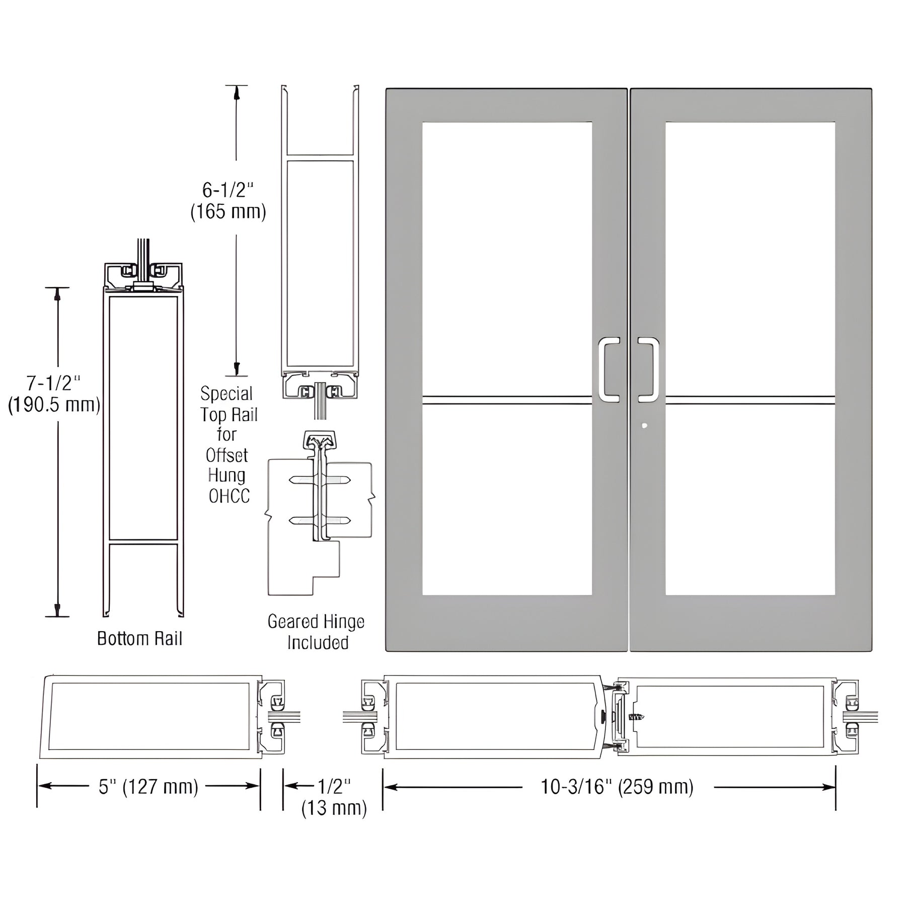 CRL-U.S. Aluminum Clear Anodized Custom Pair Series 550 Wide Stile Geared Hinge Entrance Doors for Overhead Concealed Door Closers