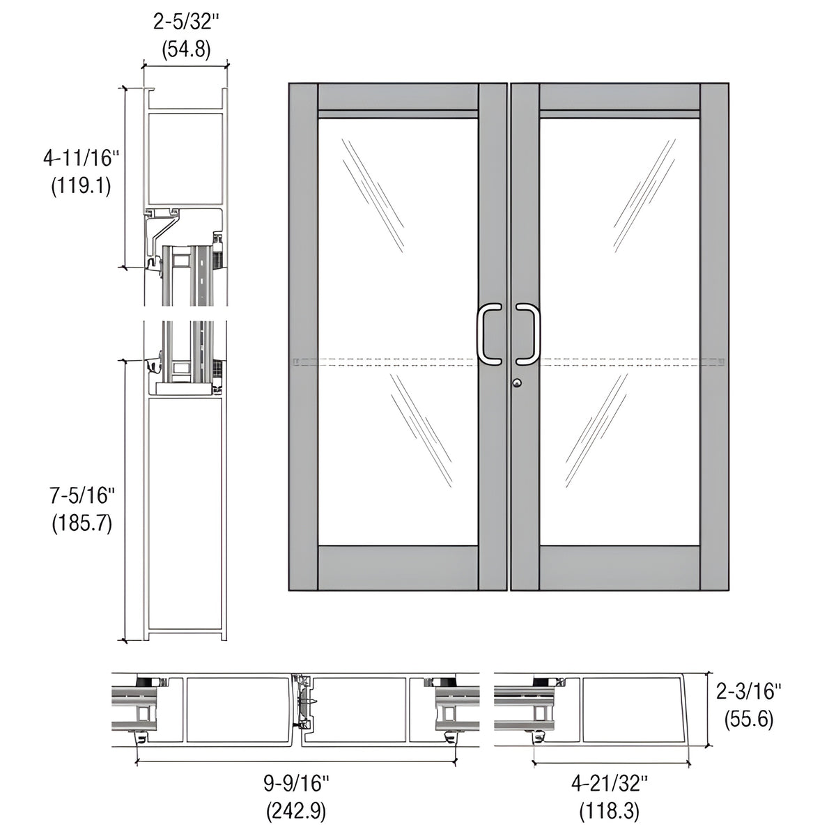 CRL-U.S. Aluminum Clear Anodized Custom Pair Series 604 Blast Resistant Butt Hinge Entrance Doors for Surface Mount Door Closers