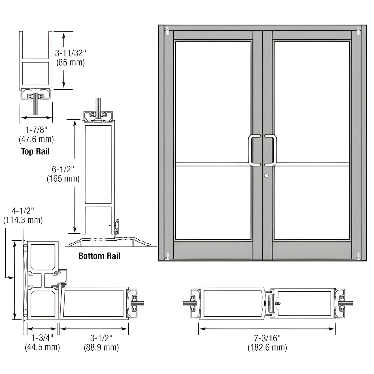 CRL-U.S. Aluminum Clear Anodized Custom Pair Series 800 Durafront Medium Stile Offset Pivot Entrance Doors for Surface Mount Door Closers