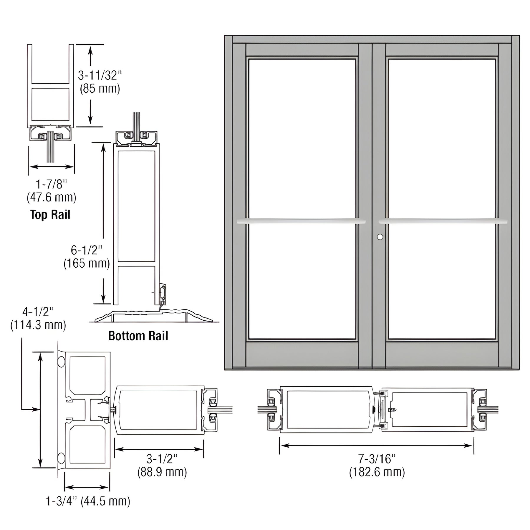 CRL-U.S. Aluminum Clear Anodized Custom Pair Series 800 Durafront Medium Stile Center Pivot Entrance Doors for Overhead Concealed Door Closers