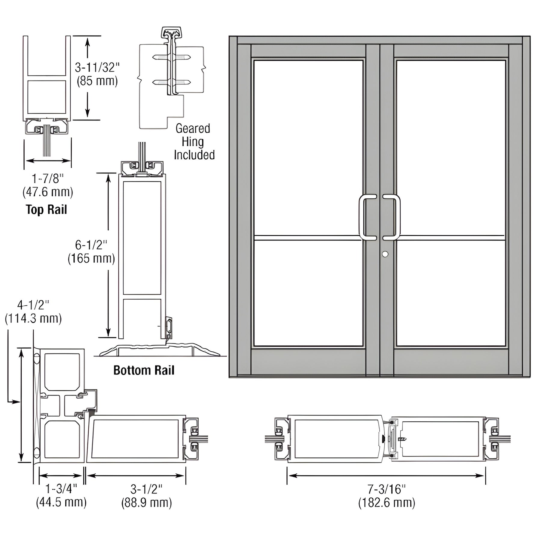 CRL-U.S. Aluminum Clear Anodized Custom Pair Series 800 Durafront Medium Stile Geared Hinge Entrance Doors for Surface Mount Door Closers