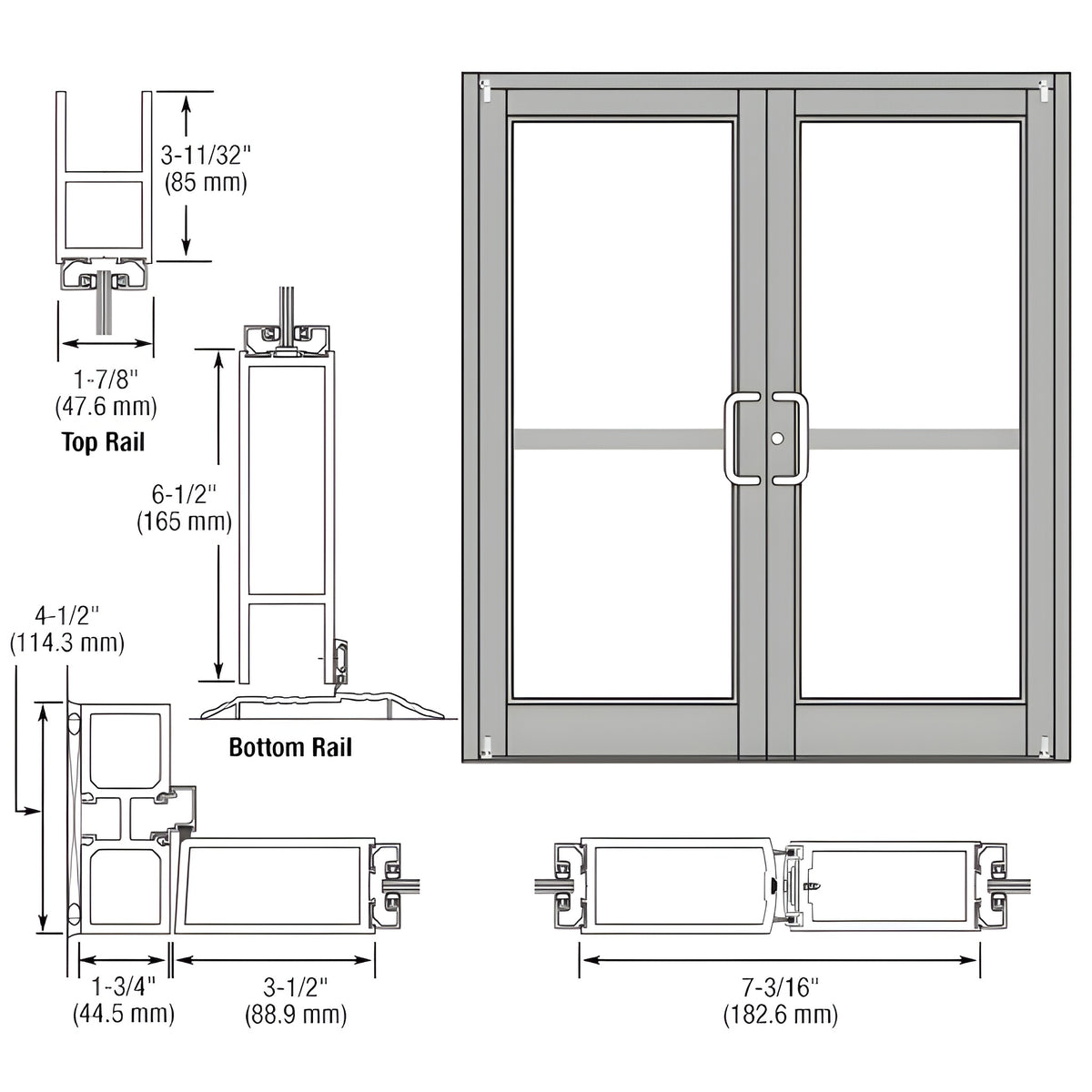 CRL-U.S. Aluminum Clear Anodized Custom Pair Series 800 Durafront Medium Stile Offset Pivot Entrance Doors For Panics and Surface Mount Door Closers