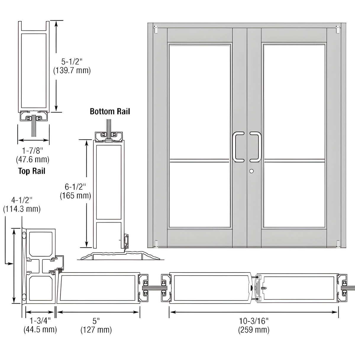 CRL-U.S. Aluminum Clear Anodized Custom Pair Series 850 Durafront Wide Stile Offset Pivot Entrance Doors for Surface Mount Door Closers