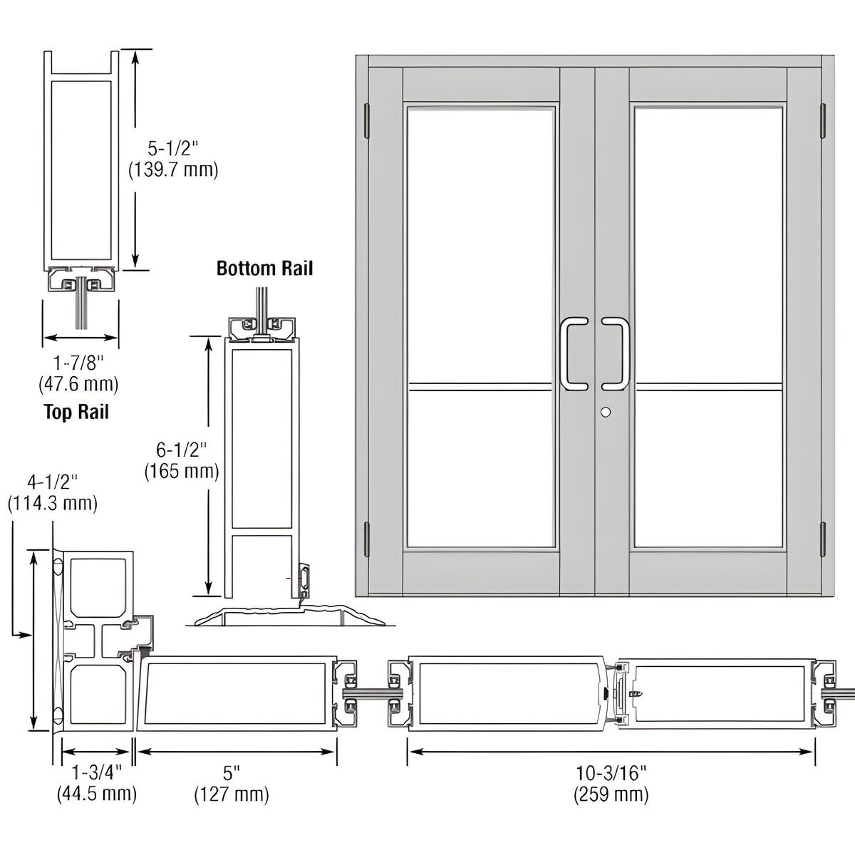 CRL-U.S. Aluminum Clear Anodized Custom Pair Series 850 Durafront Wide Stile Butt Hinged Entrance Doors for Surface Mount Door Closers