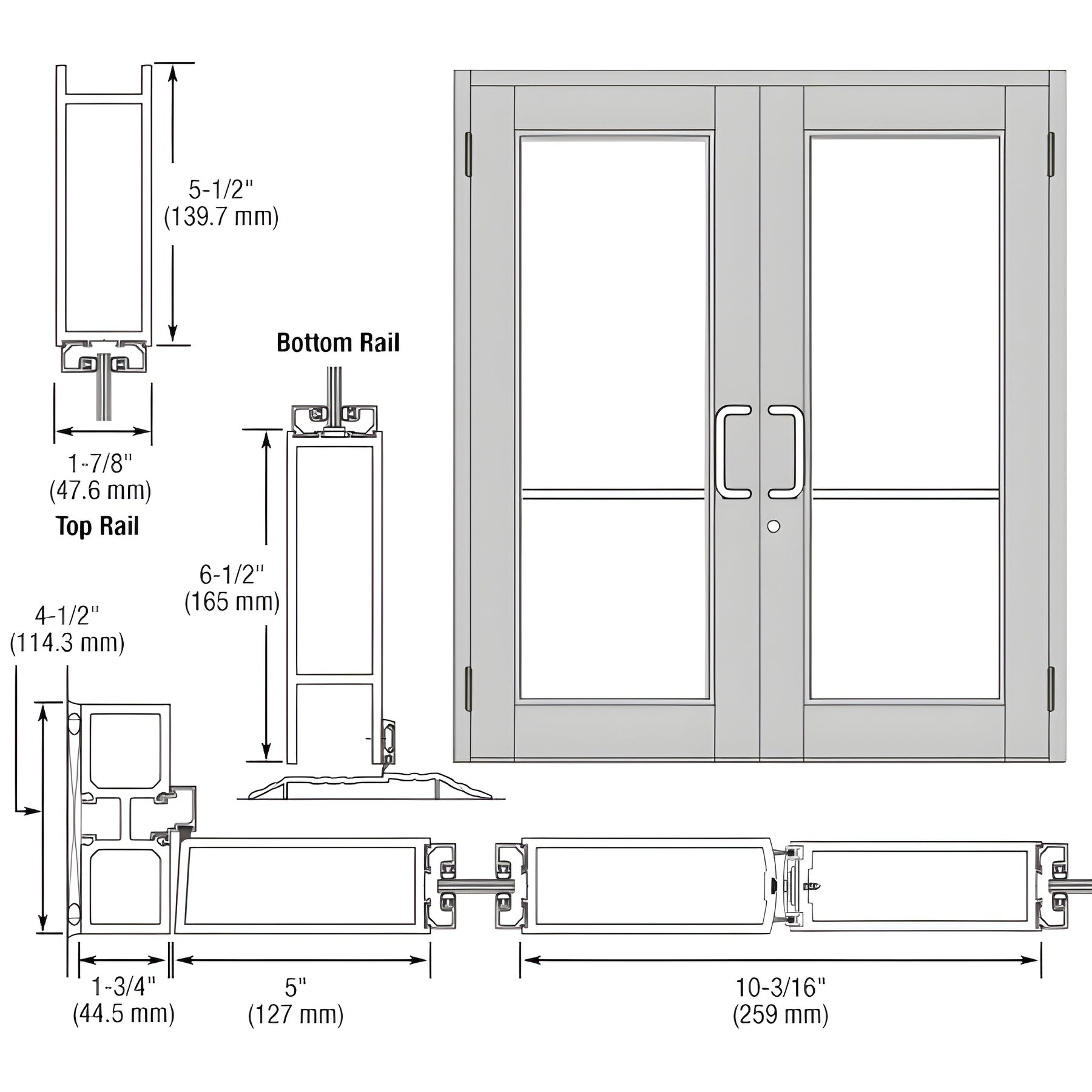 CRL-U.S. Aluminum Clear Anodized Custom Pair Series 850 Durafront Wide Stile Butt Hinged Entrance Doors for Surface Mount Door Closers