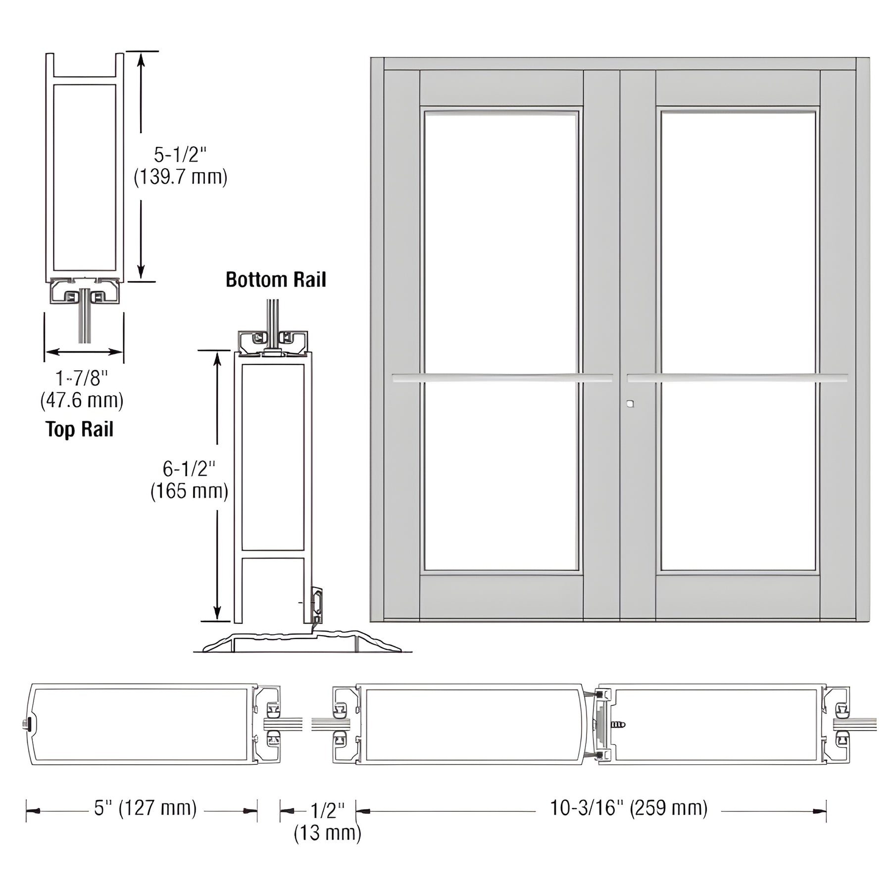 CRL-U.S. Aluminum Clear Anodized Custom Pair Series 850 Durafront Wide Stile Center Pivot Entrance Doors for Overhead Concealed Door Closers