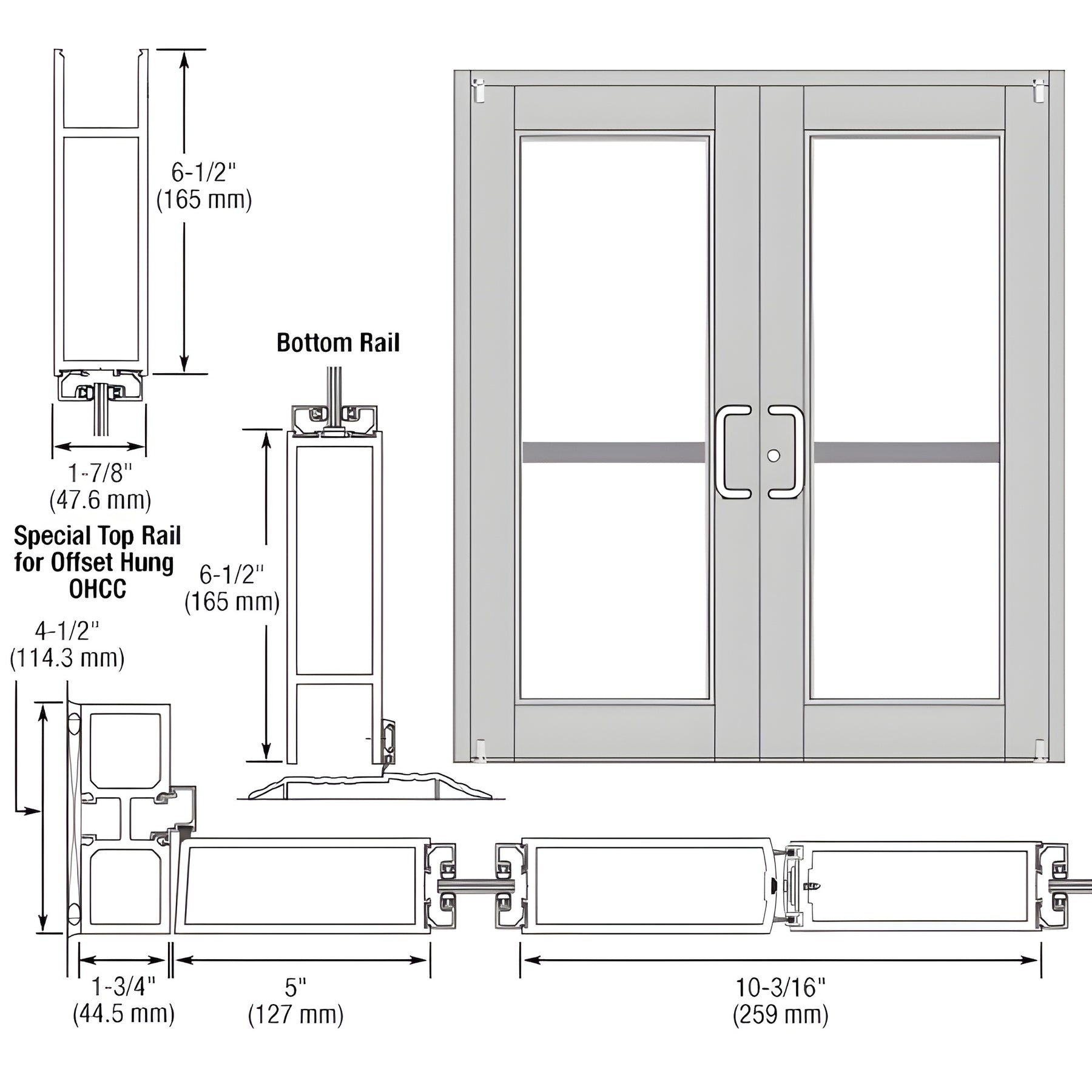 CRL-U.S. Aluminum Clear Anodized Custom Pair Series 850 Durafront Wide Stile Offset Pivot Entrance Doors With Panics for Overhead Concealed Door Closers