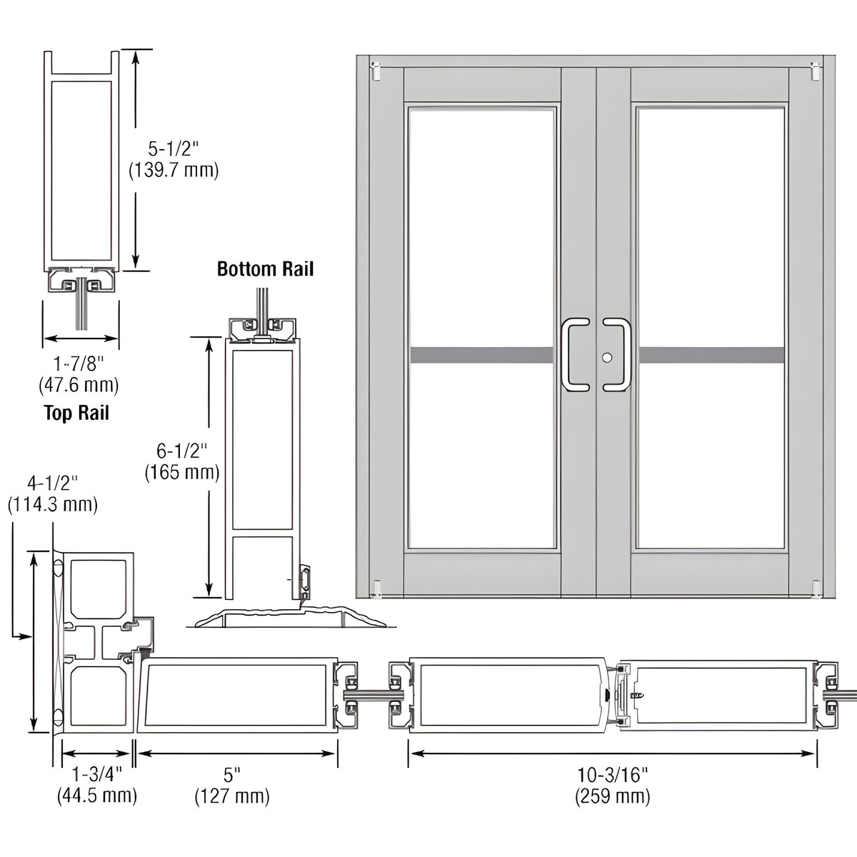 CRL-U.S. Aluminum Clear Anodized Custom Pair Series 850 Durafront Wide Stile Offset Pivot Entrance Doors for Panics and Surface Mount Door Closers