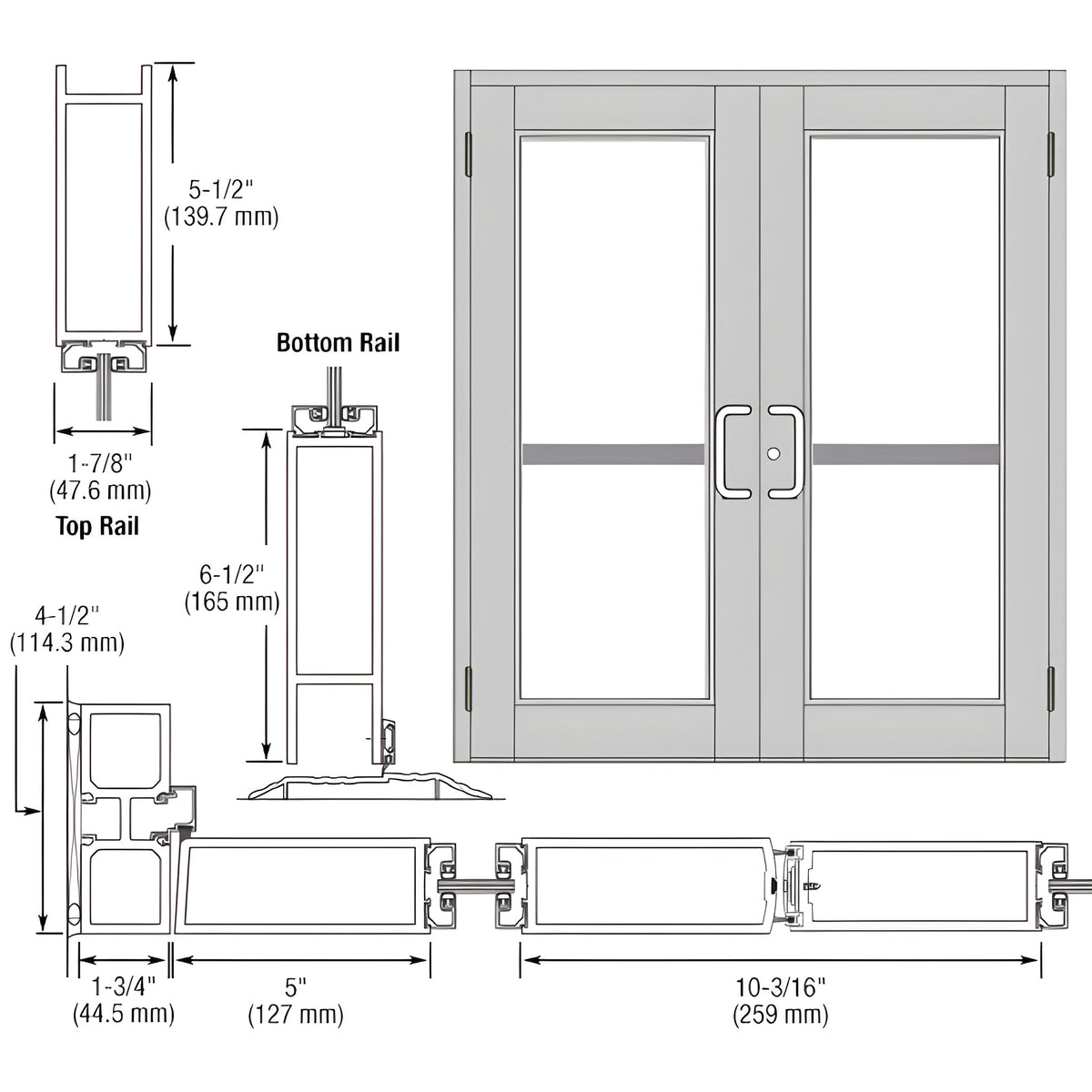 CRL-U.S. Aluminum Clear Anodized Custom Pair Series 850 Durafront Wide Stile Butt Hinge Entrance Doors for Panics and Surface Mount Door Closers