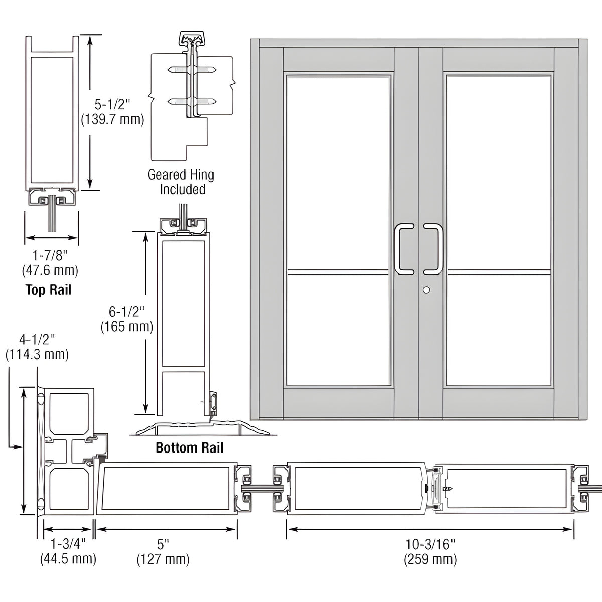 CRL-U.S. Aluminum Clear Anodized Custom Series 850 Durafront Wide Stile Geared Hinge Entrance Doors for Surface Mount Door Closers