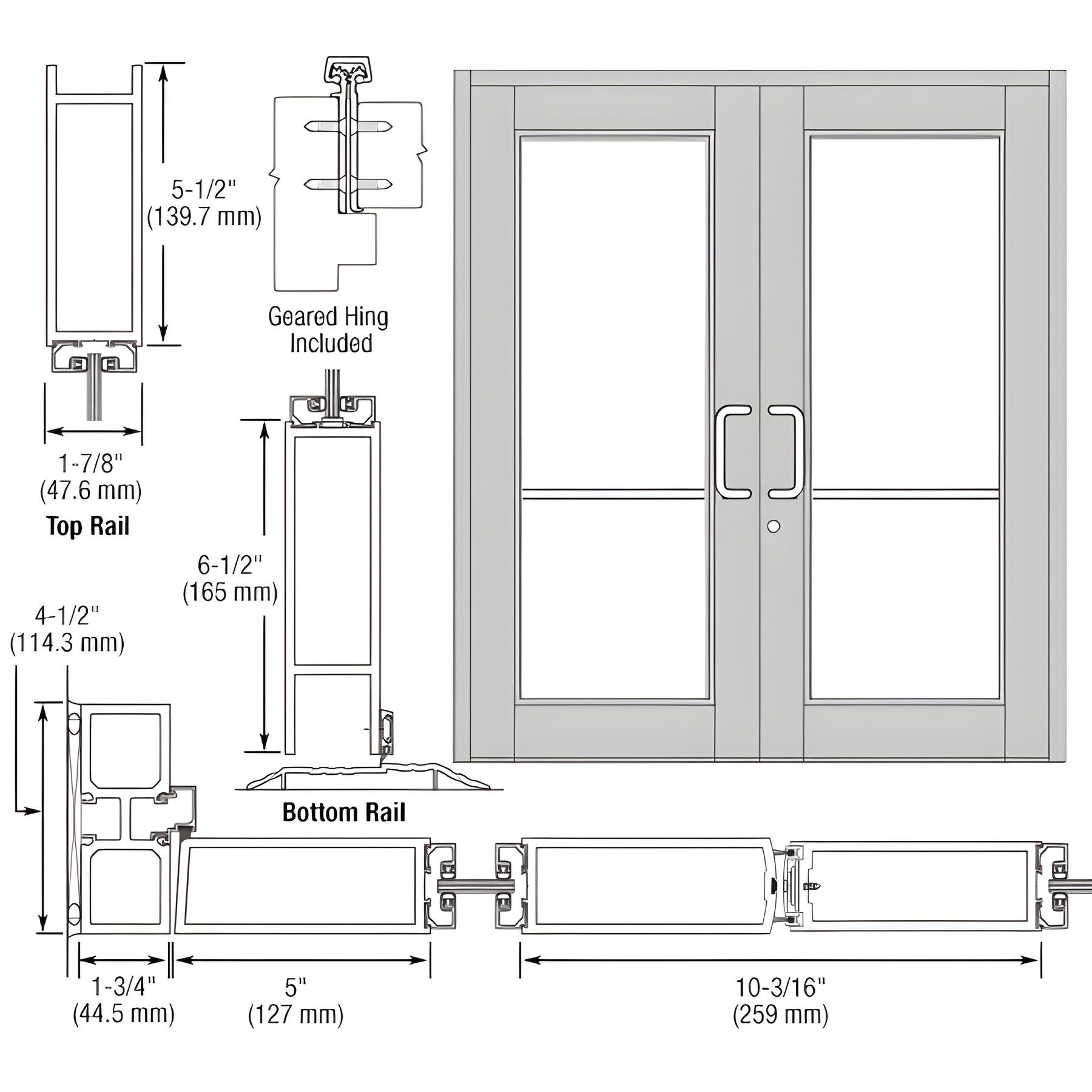 CRL-U.S. Aluminum Clear Anodized Custom Series 850 Durafront Wide Stile Geared Hinge Entrance Doors for Surface Mount Door Closers