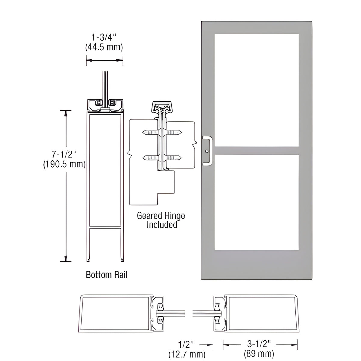 CRL-U.S. Aluminum Clear Anodized Custom Single Door Series 400 Medium Stile Offset Hung Geared Hinge with Panic for Surface Mount Door Closer